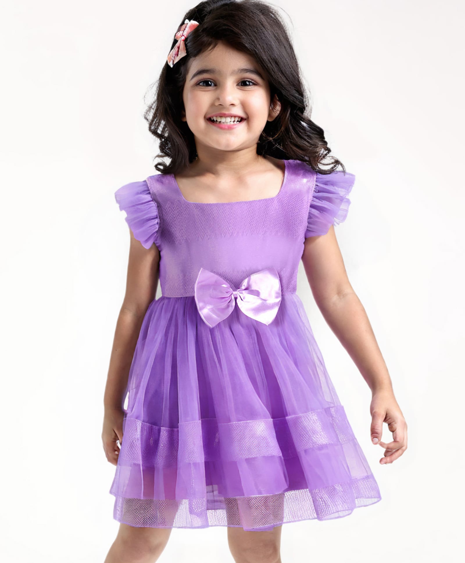 Babyhug Woven Frill Sleeves Solid Colour Fit & Flared Party Frock with Bow Applique - Lilac-image-45