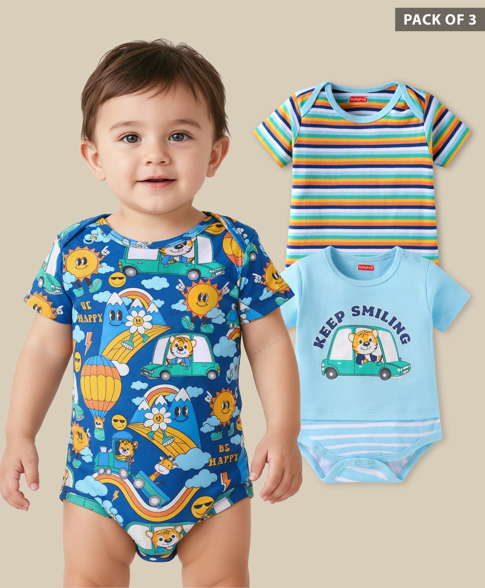 Babyhug 100% Cotton Knit Half Sleeves Striped & Tiger Printed Onesies Pack of 3 - Light Blue & Navy-image-46