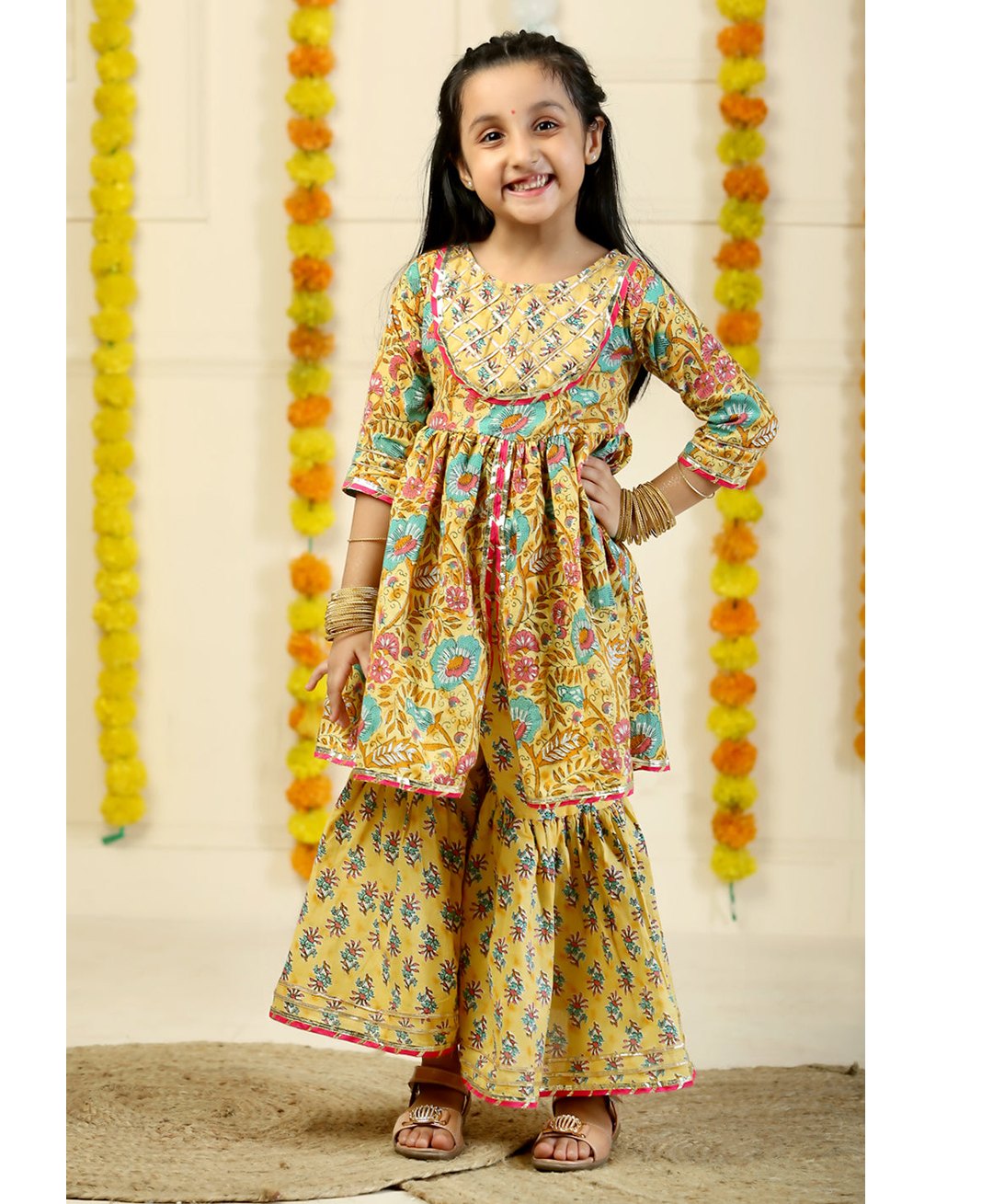The Mom Store Cotton Three Fourth Sleeves Floral Printed Kurta Sharara Set -  Yellow-image-45