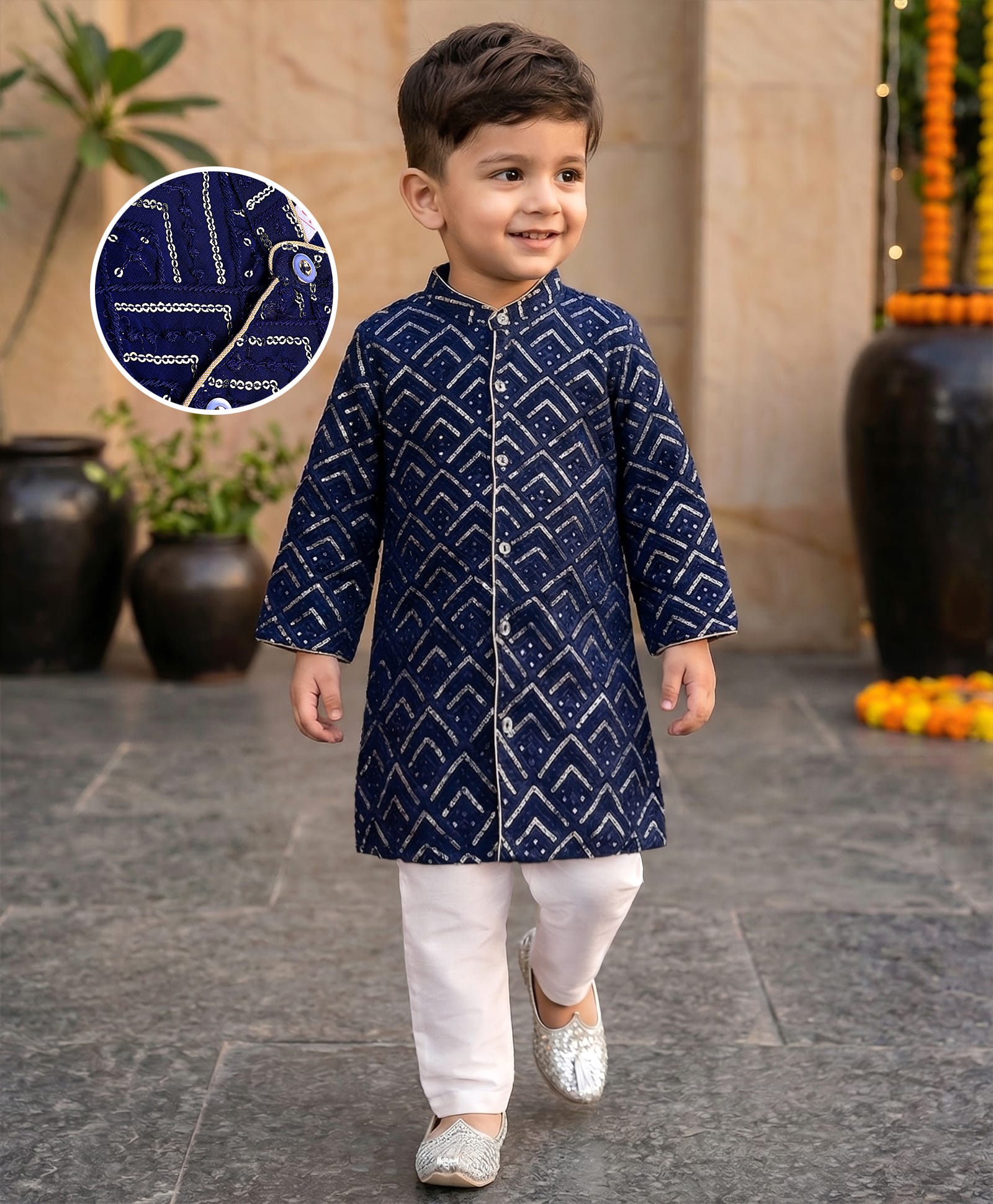 Babyhug Full SleevesSequenced Embroidered Sherwani Kurta & Pyjama Set- Navy Blue-image-44