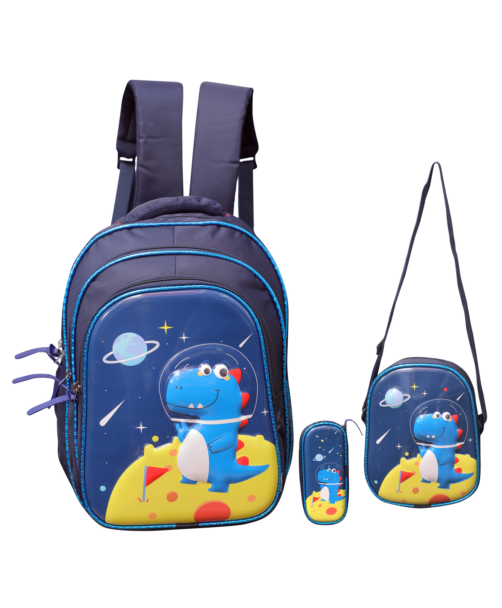 Happile Kids hardshell  Dyno Theme three Piece combo BackPack Blue &Multicolor-17 Inch-image-6