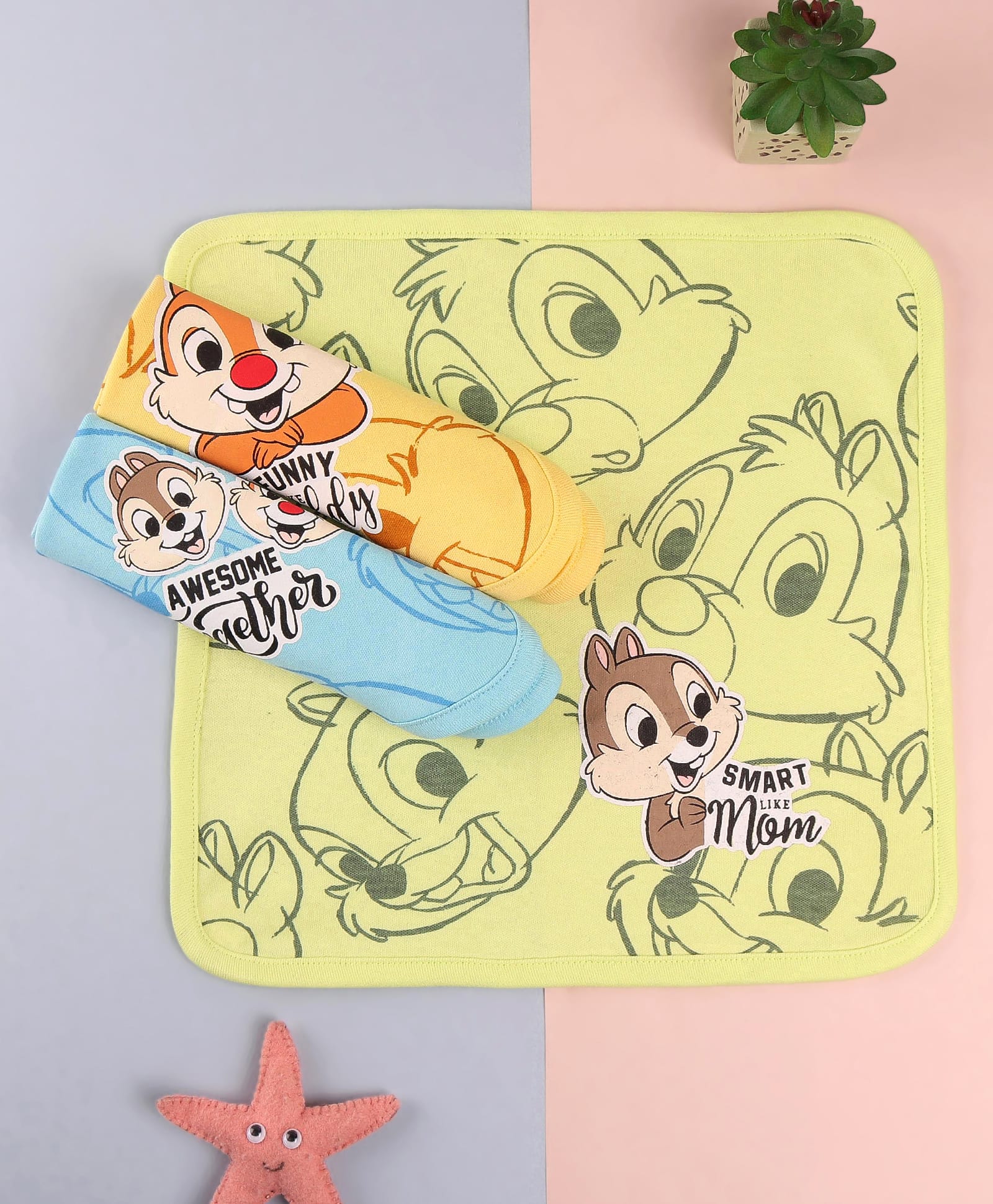 Babyhug Disney Interlock Knit Hand and Face Towels with Chip N Dale Graphics Pack of 3 L 30 x B 30 cm - Yellow & Light Blue-image-40
