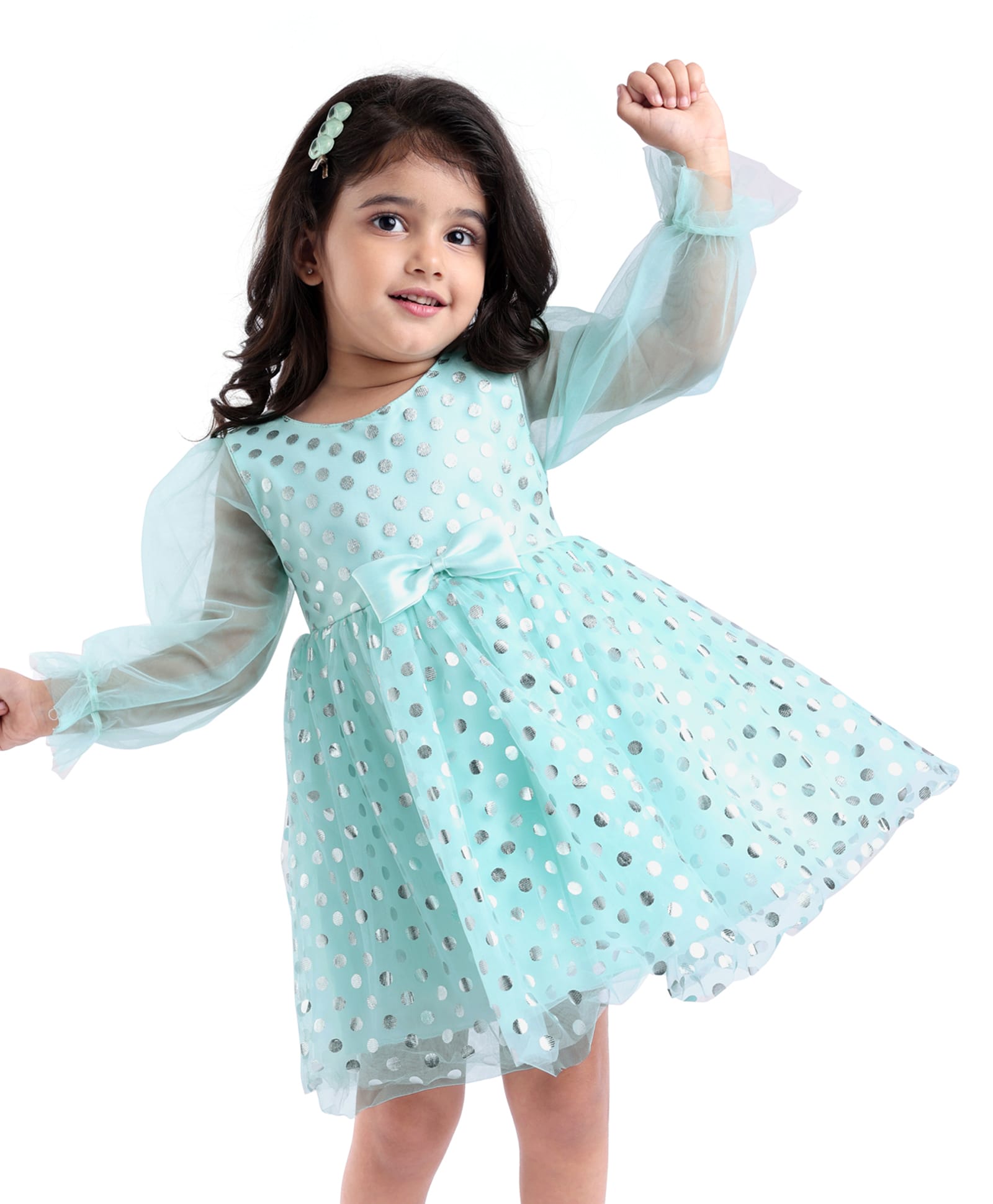 Babyhug Woven Full Peasant Sleeves Fit & Flared Party Frock with Foil Polka Dots Print & Bow Applique - Light Blue-image-45