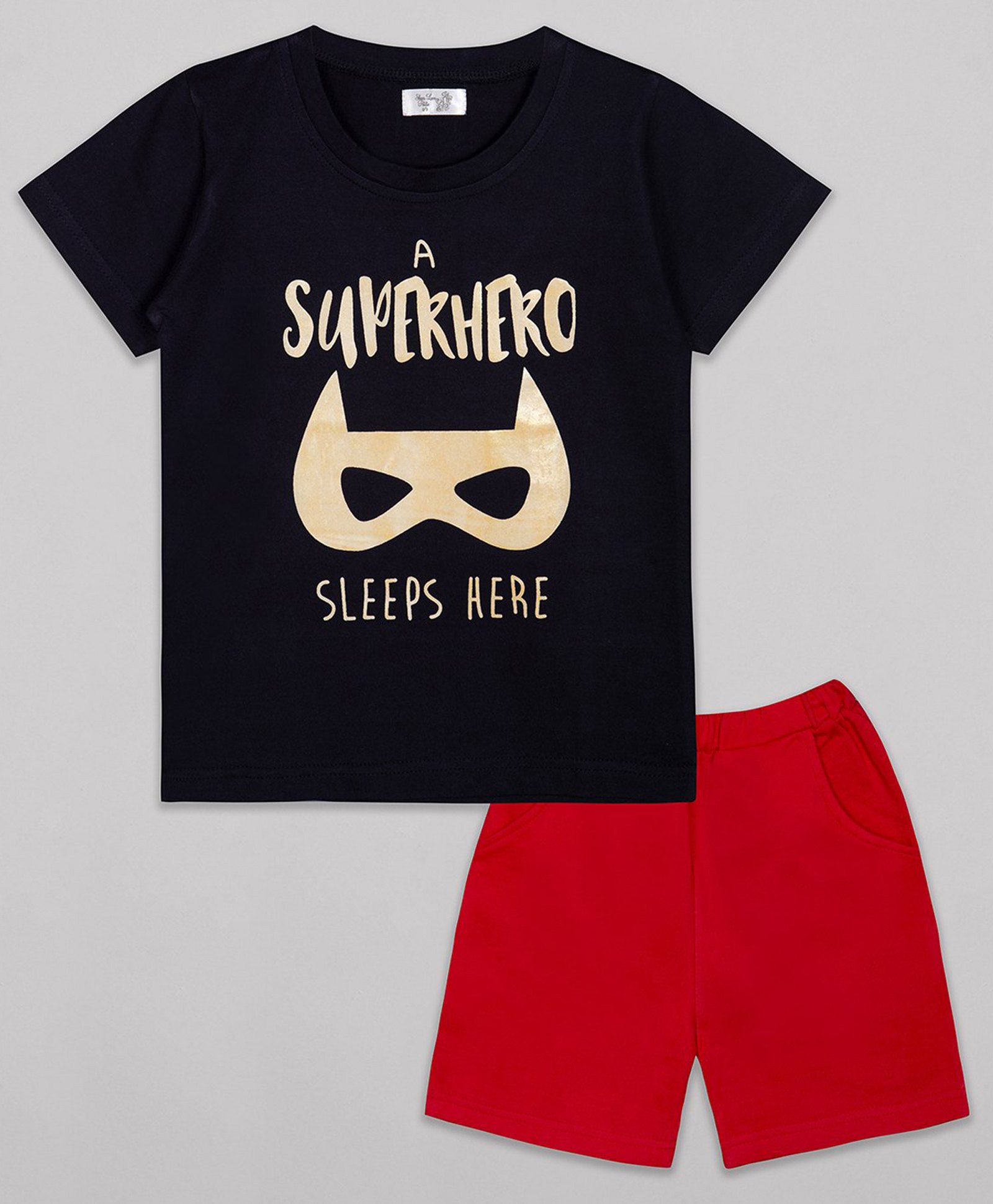 Sheer Love Cotton Jersey Knit Half Sleeves A Superhero Sleeps Here Text Printed Tee With Shorts Set - Navy Blue & Red-image-6