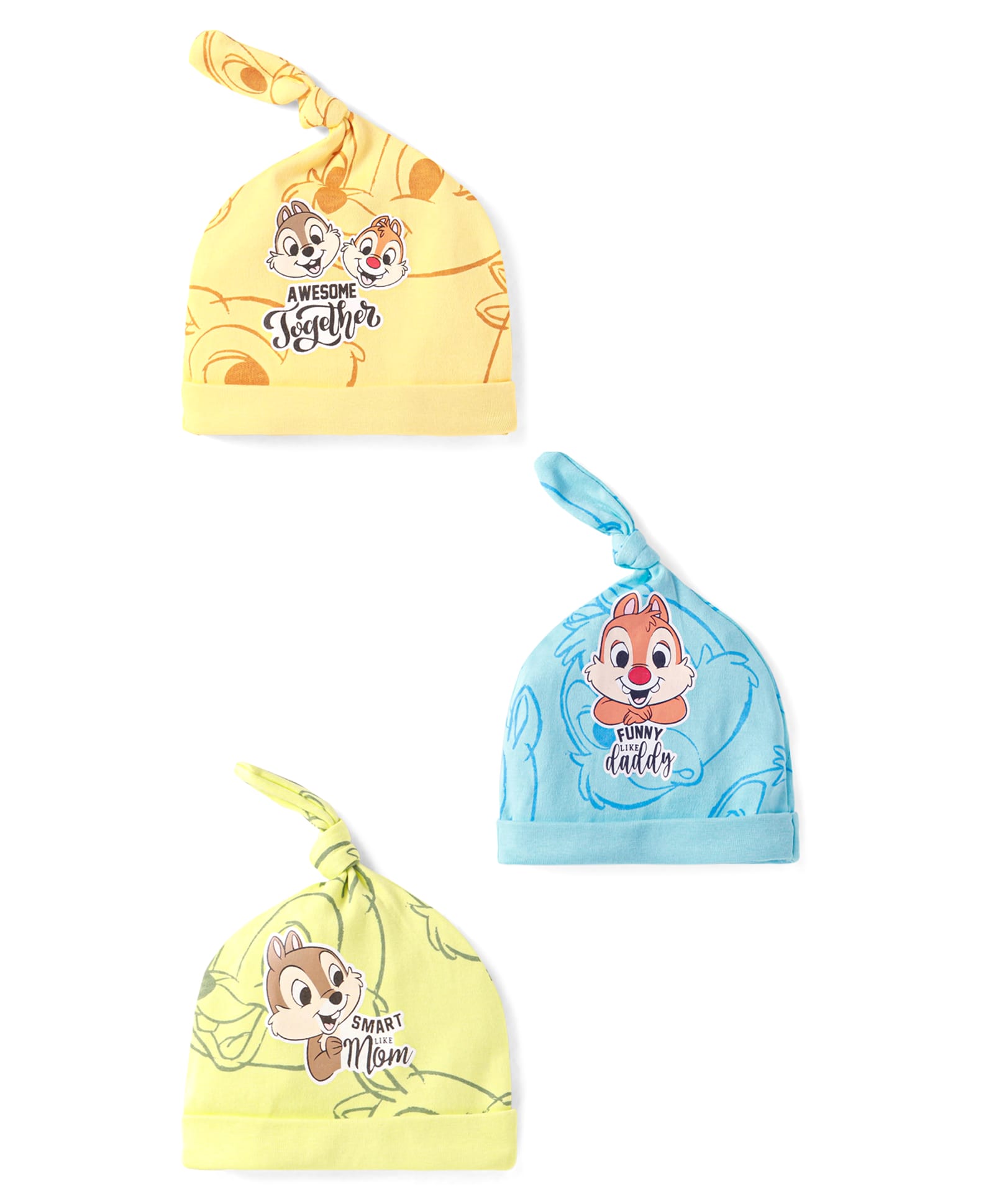 Babyhug Disney Interlock Knit Knot Caps with Chip n Dale Graphics Blue & Yellow Pack of 3 - Diameter 11 cm-picture-10