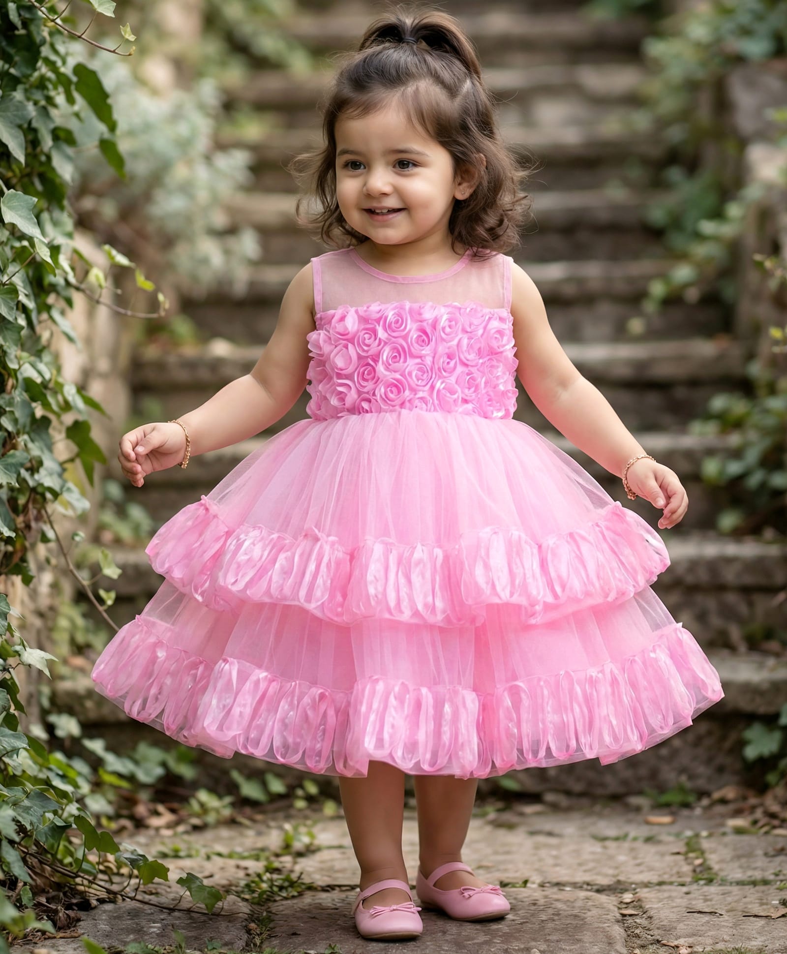 Babyhug Woven Sleeveless Fit & Flared Layered Textured Party Dress with Floral Applique - Pink-picture-13