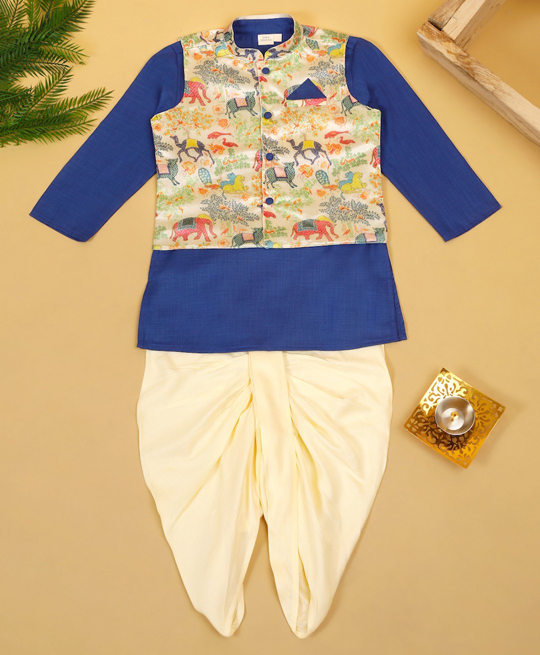 Saka Designs By Sapna Full Sleeves Solid Kurta & Dhoti With Printed Jacket Set - Purple & Yellow-picture-25