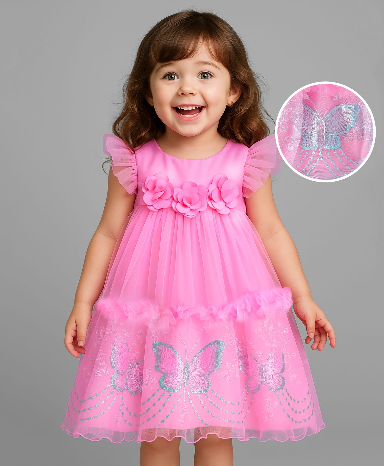 Babyhug Woven Frill Sleeves A Line Party Frock with Butterfly Embroidery & Floral Applique - Pink-image-36