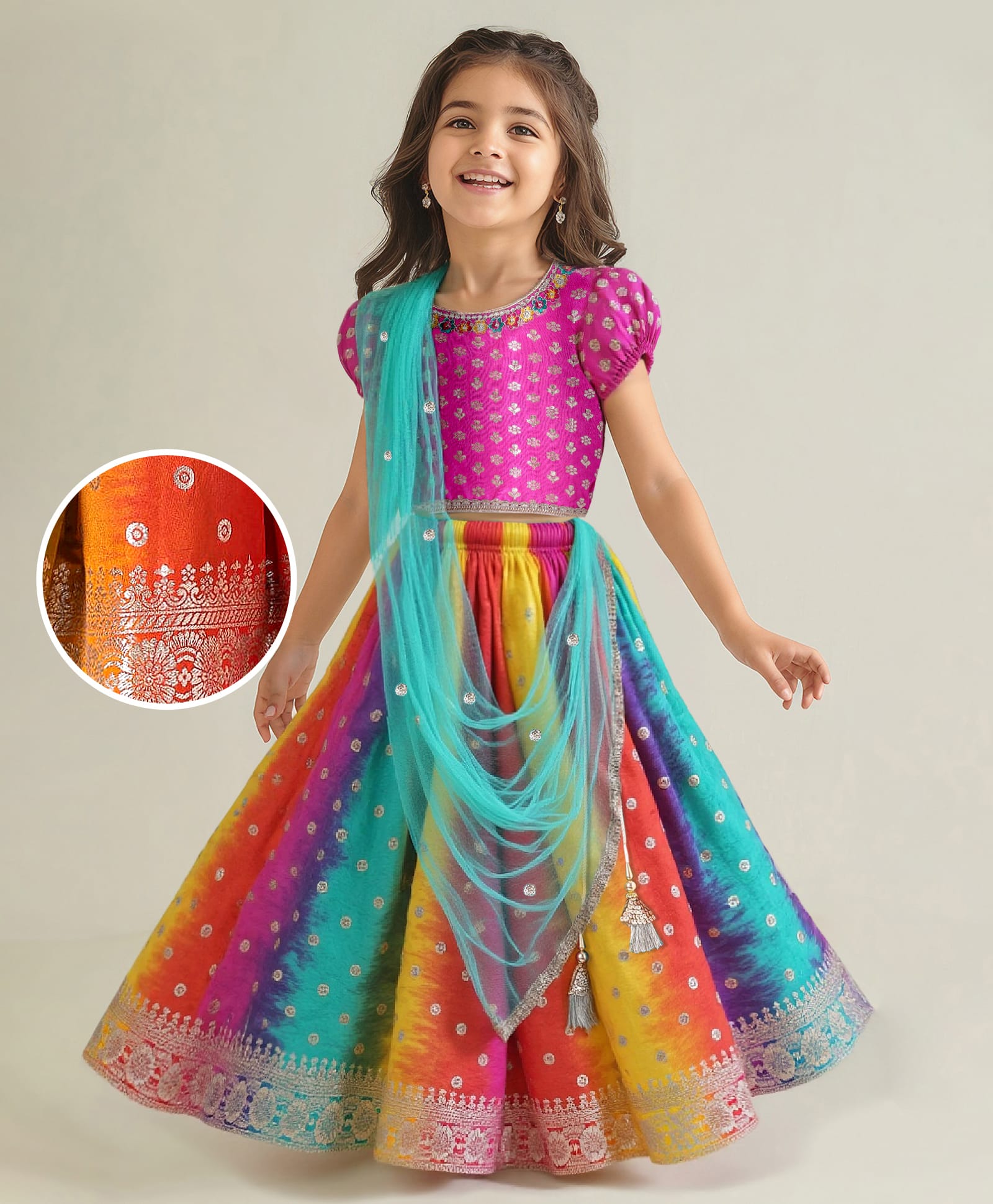 Babyhug Short Sleeves Floral Embroidered Pattu Pavada Lehenga Choli Set With Dupatta - Pink Orange & Yellow-image-29