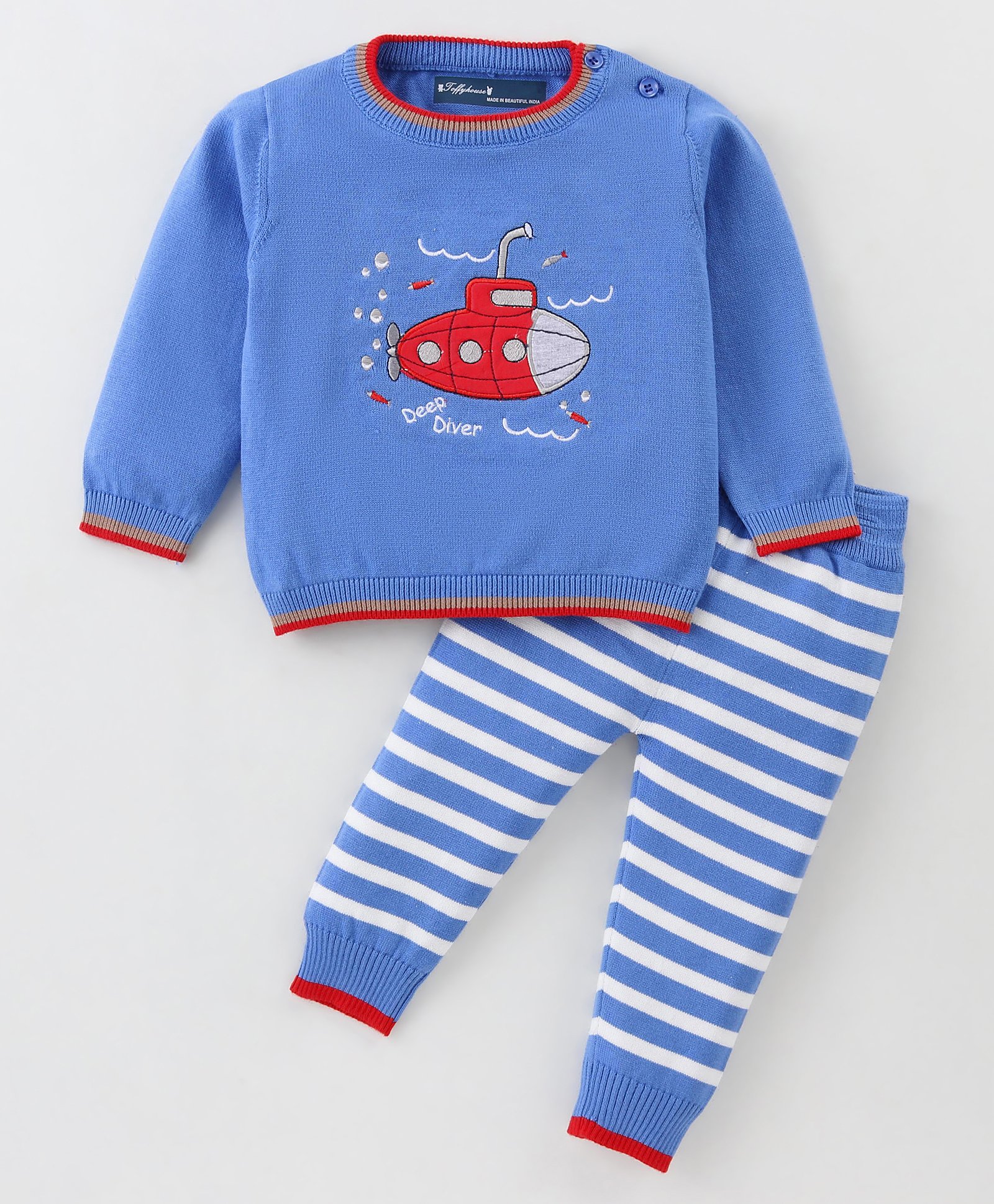 ToffyHouse Cotton Knit Full Sleeves Winter Wear Sweatshirt& Lounge Pant Set with Submarine Design - Blue-image-34
