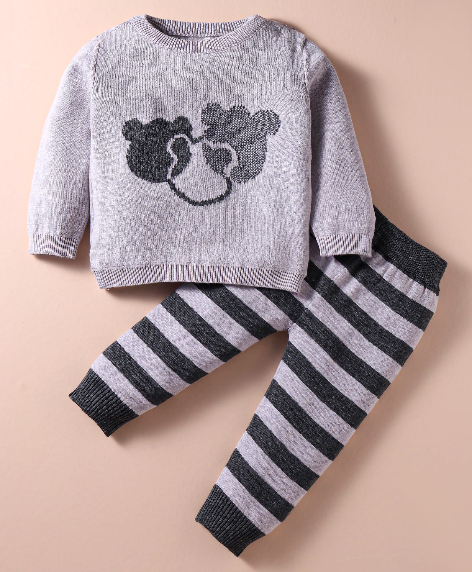 ToffyHouse Knit Full Sleeves Winter Wear T-Shirt & Striped Lounge Pant Set With Animal Print - Light Grey-image-26