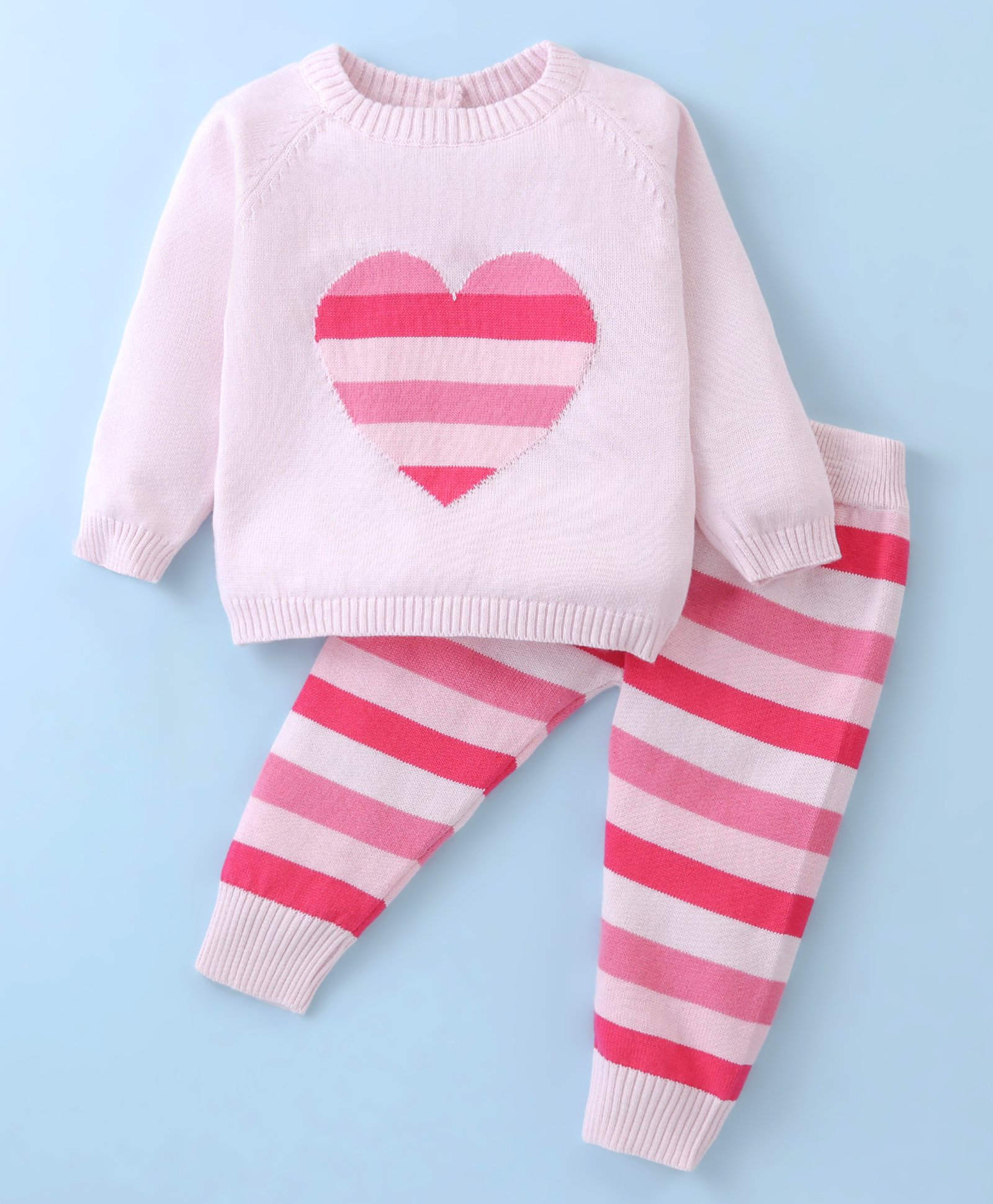 ToffyHouse Cotton Knitted Full Raglan SleevesWinter Wear Heart & Striped Designed Sweatshirt & Pant Set - Pink-image-3