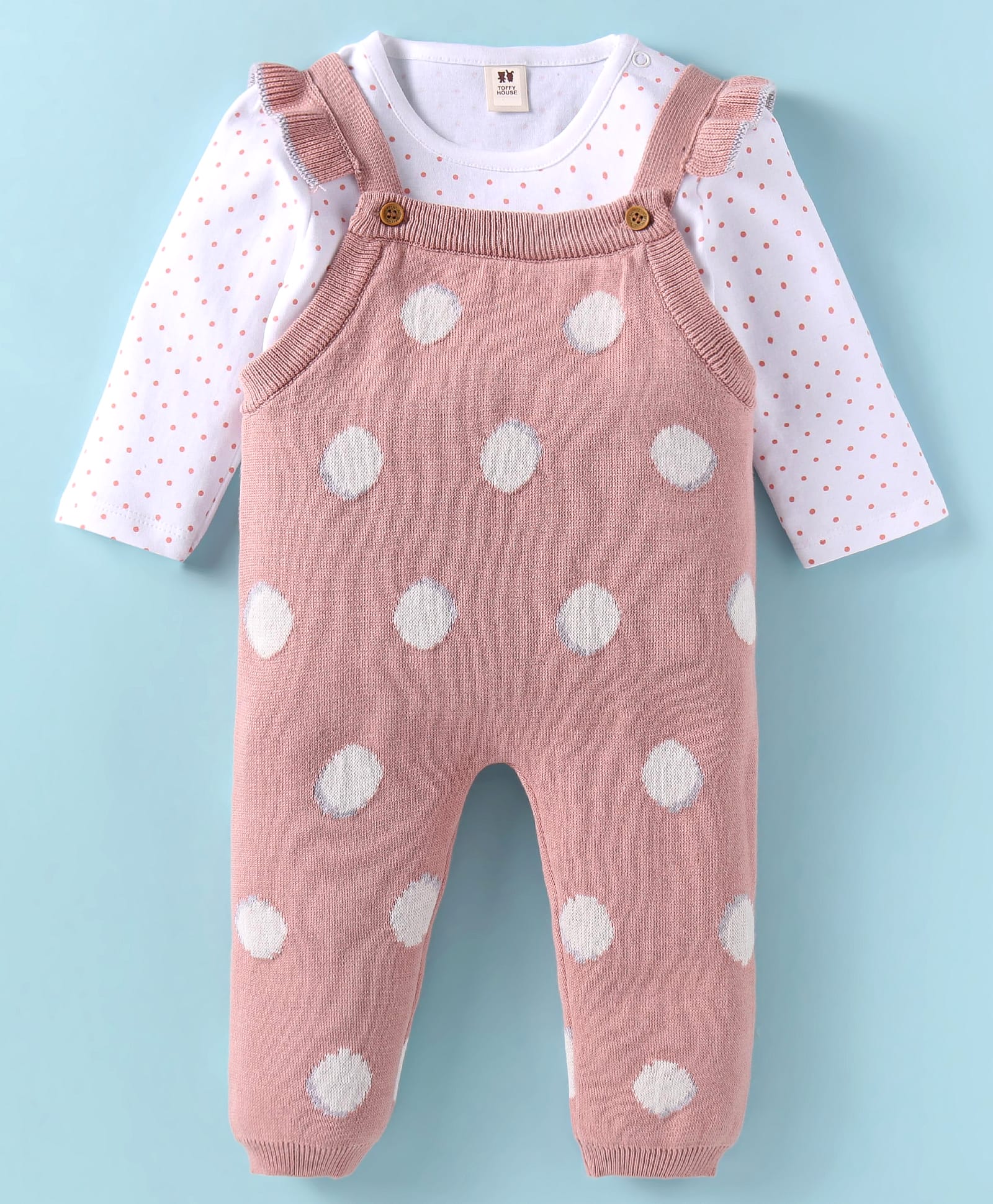 ToffyHouse Knitted Full Sleeves Polka Dots Printed Winter Wear T-Shirt & Dungaree Style Romper with Frill Detailing - Rose Gold-picture-16