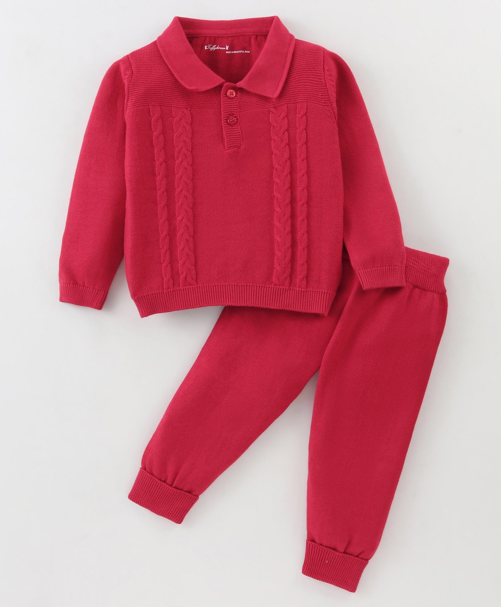 ToffyHouse Cotton Knitted Full Sleeves Solid Colour Collared Sweatshirt & Lounge Pant Set with Cable Knit Design - Red-image-27