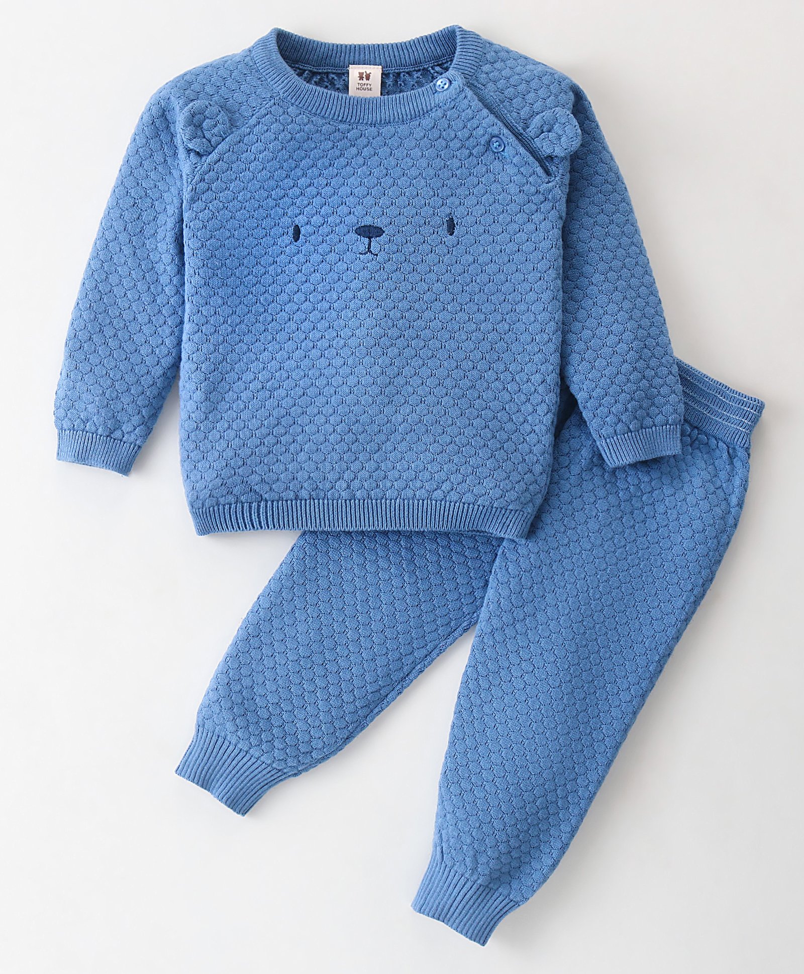 ToffyHouse Cotton Sweater Knit Full Sleeves Winter Wear Set With Teddy Applique - Blue-image-3