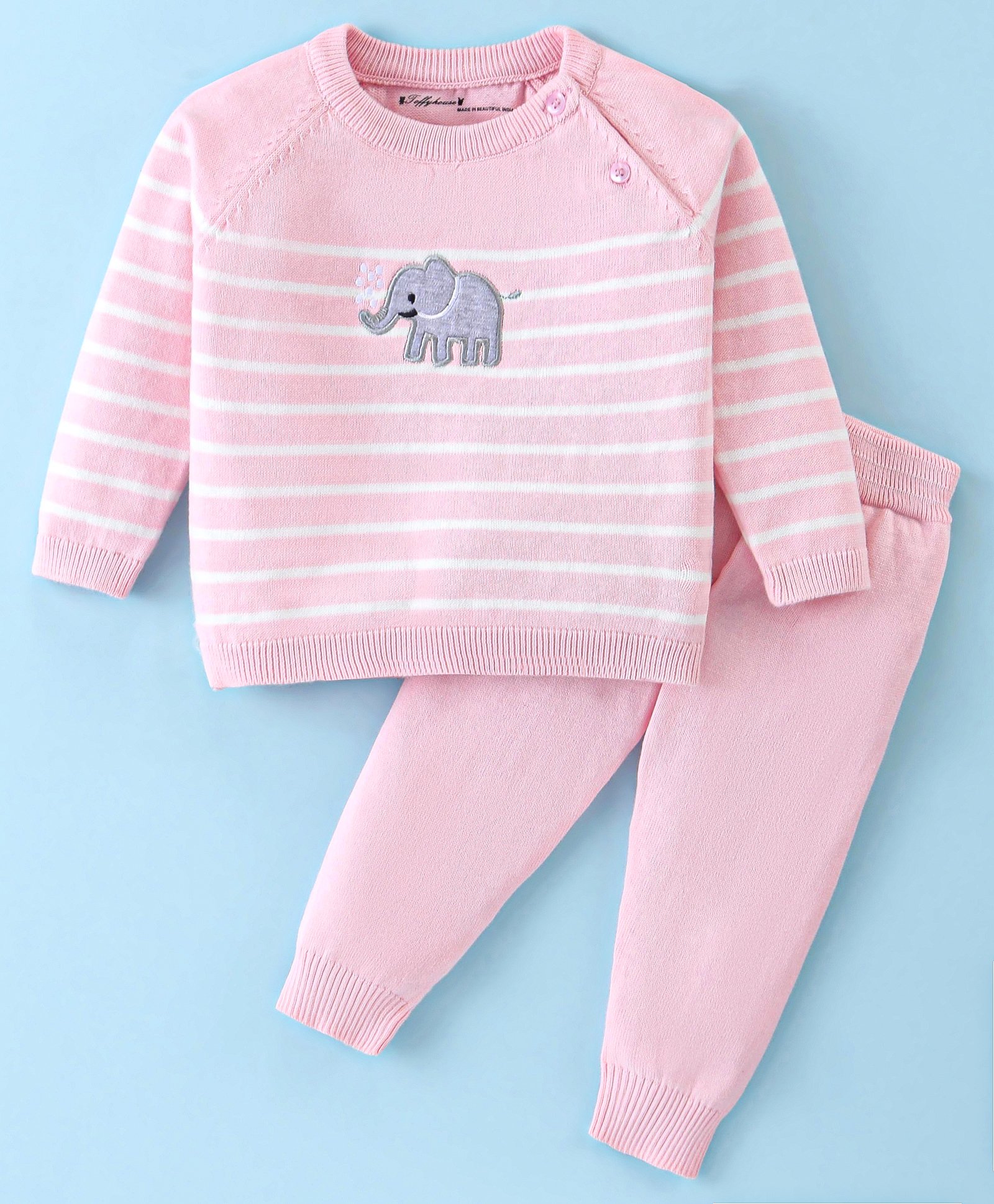 ToffyHouse Cotton Knitted Full Raglan Sleeves Sweater Set With Stripes & Elephant Design - Baby Pink-picture-33