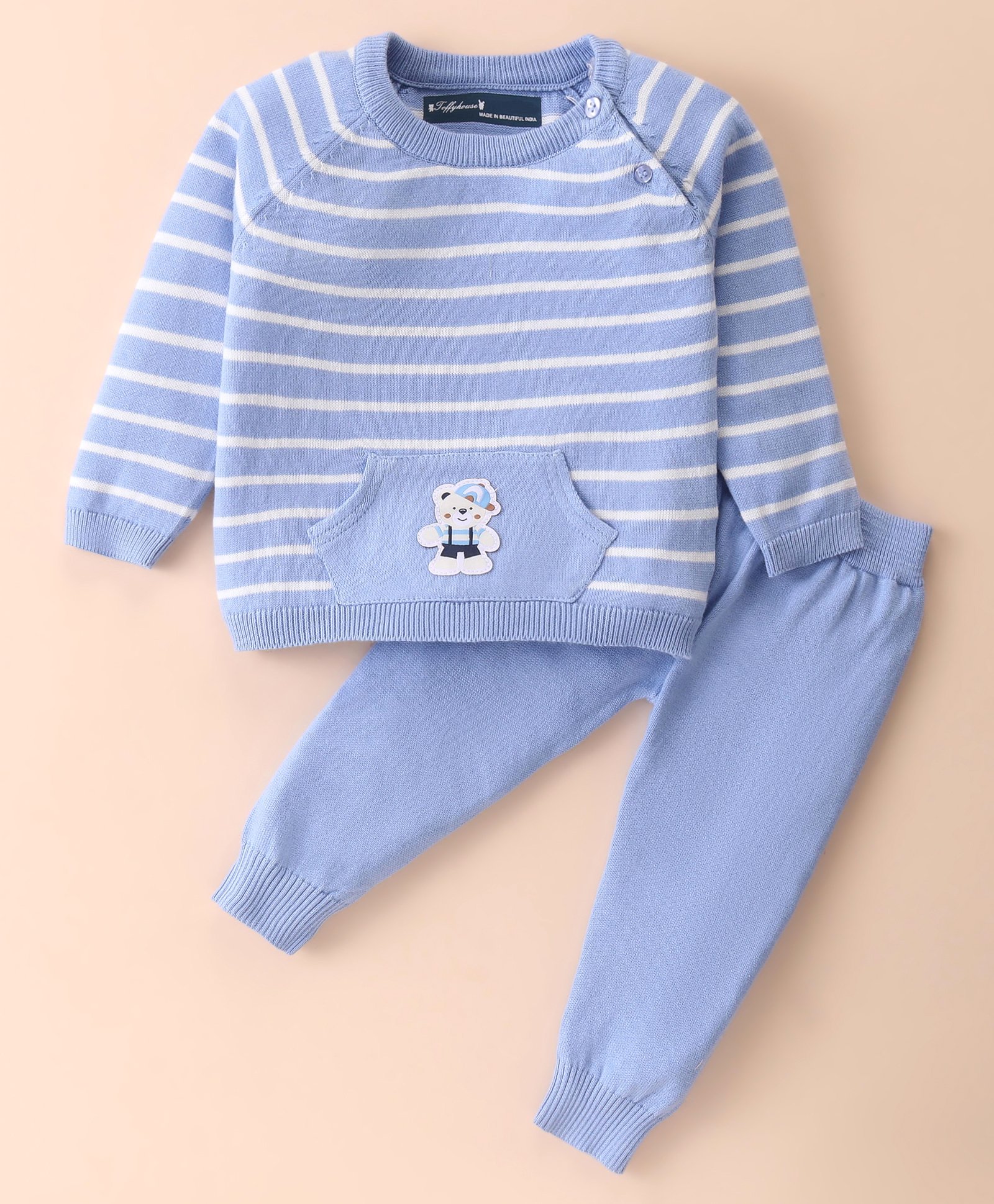 ToffyHouse Knitted Cotton Raglan Sleeves Striped Winter Wear Set With Kangaroo Pockets & Teddy Patch - Blue-picture-42