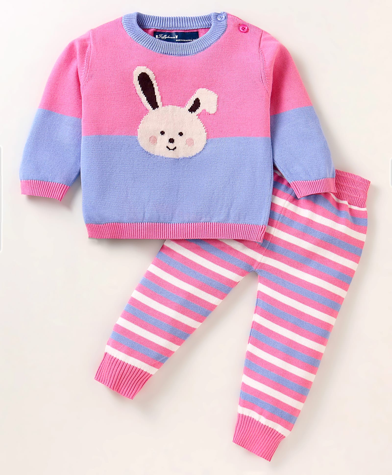 ToffyHouse Knit Full Sleeves Colour Block T-Shirt & Lounge Pant Set With Bunny Print - Pink-image-27