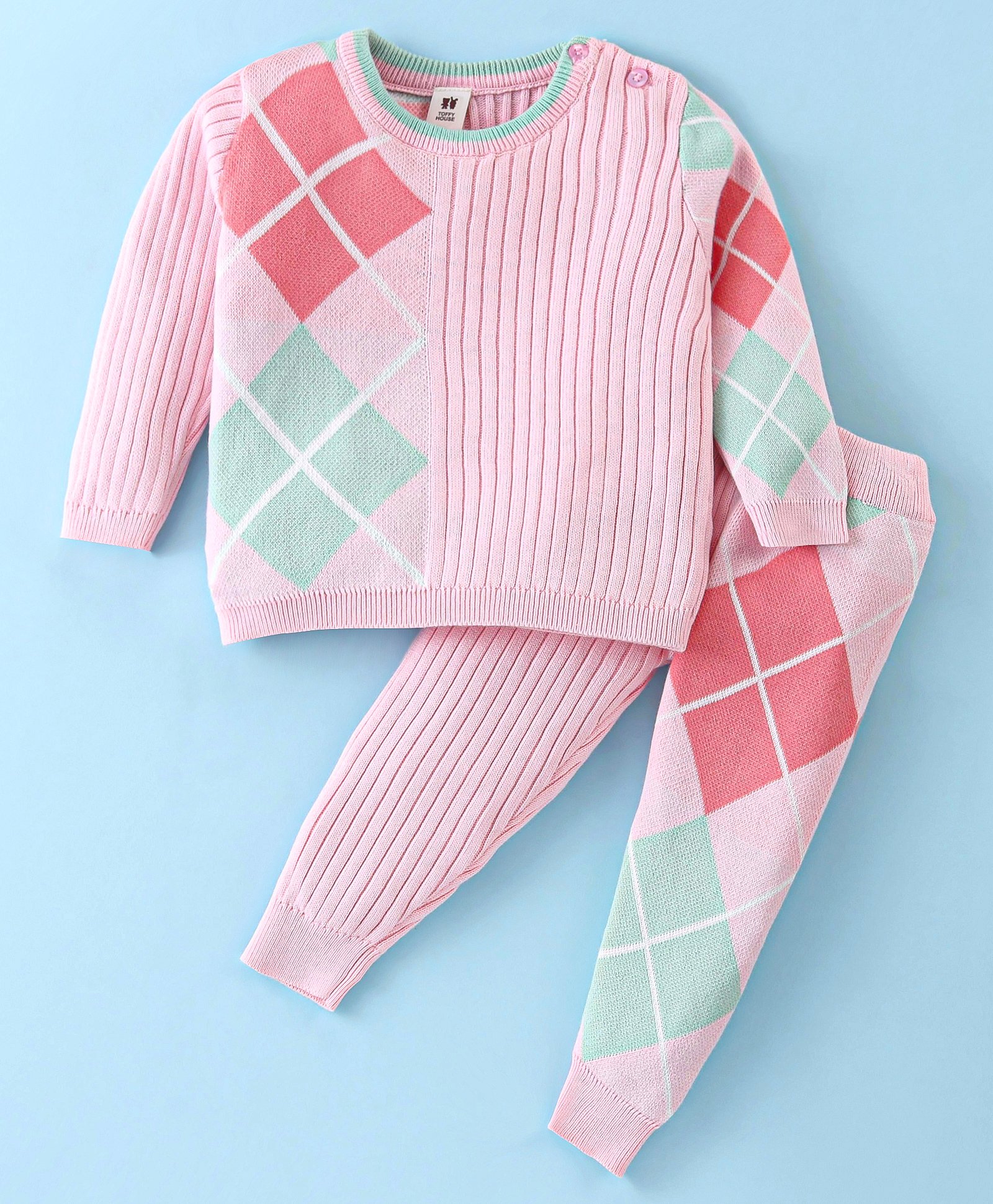 ToffyHouse Knitted Cotton Full Sleeves Sweater Set With Argyle Design - Baby Pink-picture-24