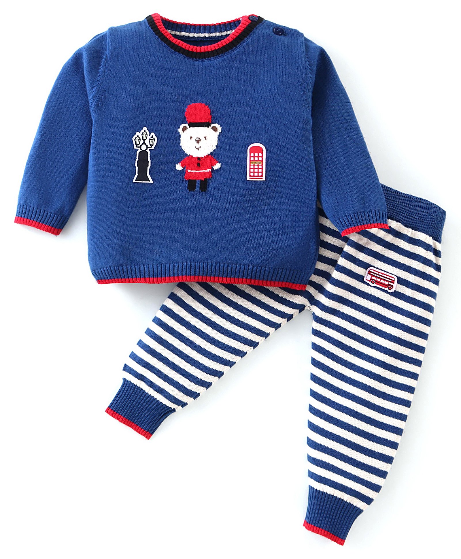 ToffyHouse Cotton Knitted Full Sleeves Sweater Set With Stripes & London City Theme Design - Navy-picture-3