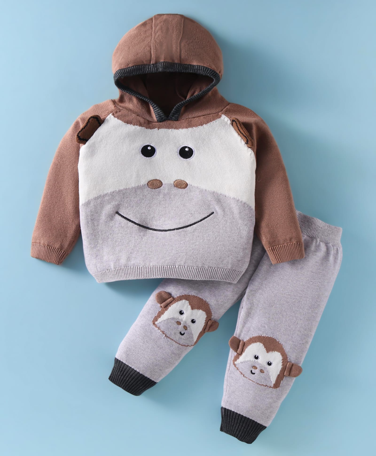 ToffyHouse Cotton Knit Full Raglan Sleeves Winter Wear Hooded Sweatshirt & Lounge Pant Set With Monkey Embroidery & Ear Applique - Brown-image-19