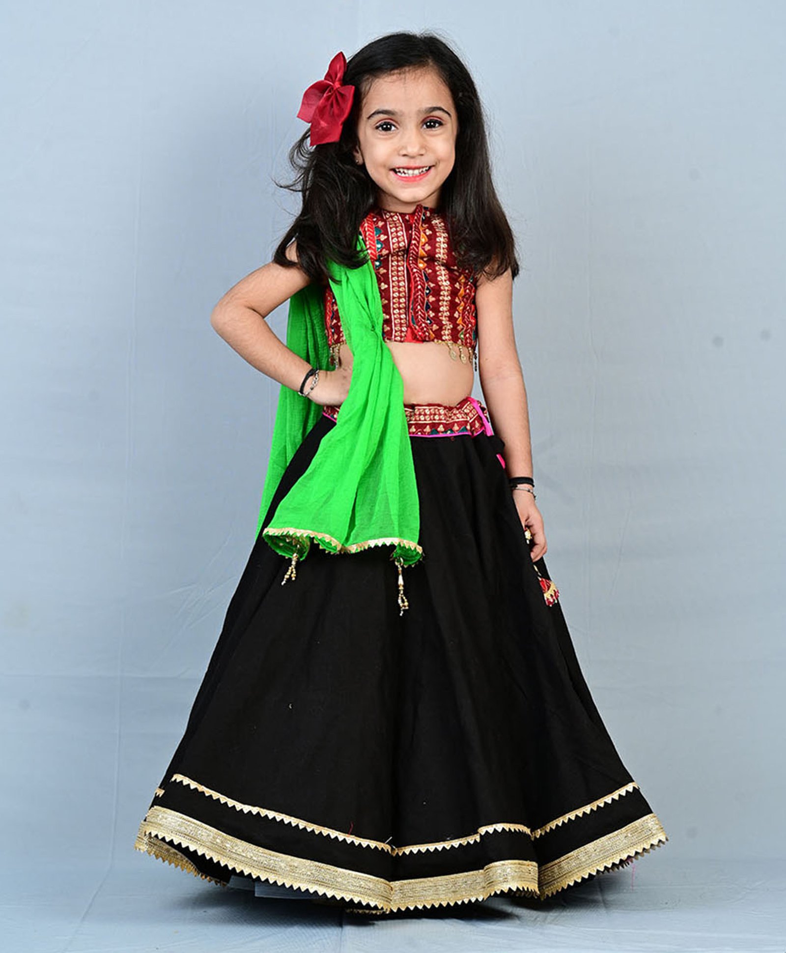 Aglare Navratri Theme Cotton Sleeveless Mirror Embroidered & Lace Embellished Lehenga Choli Set - Black-picture-18