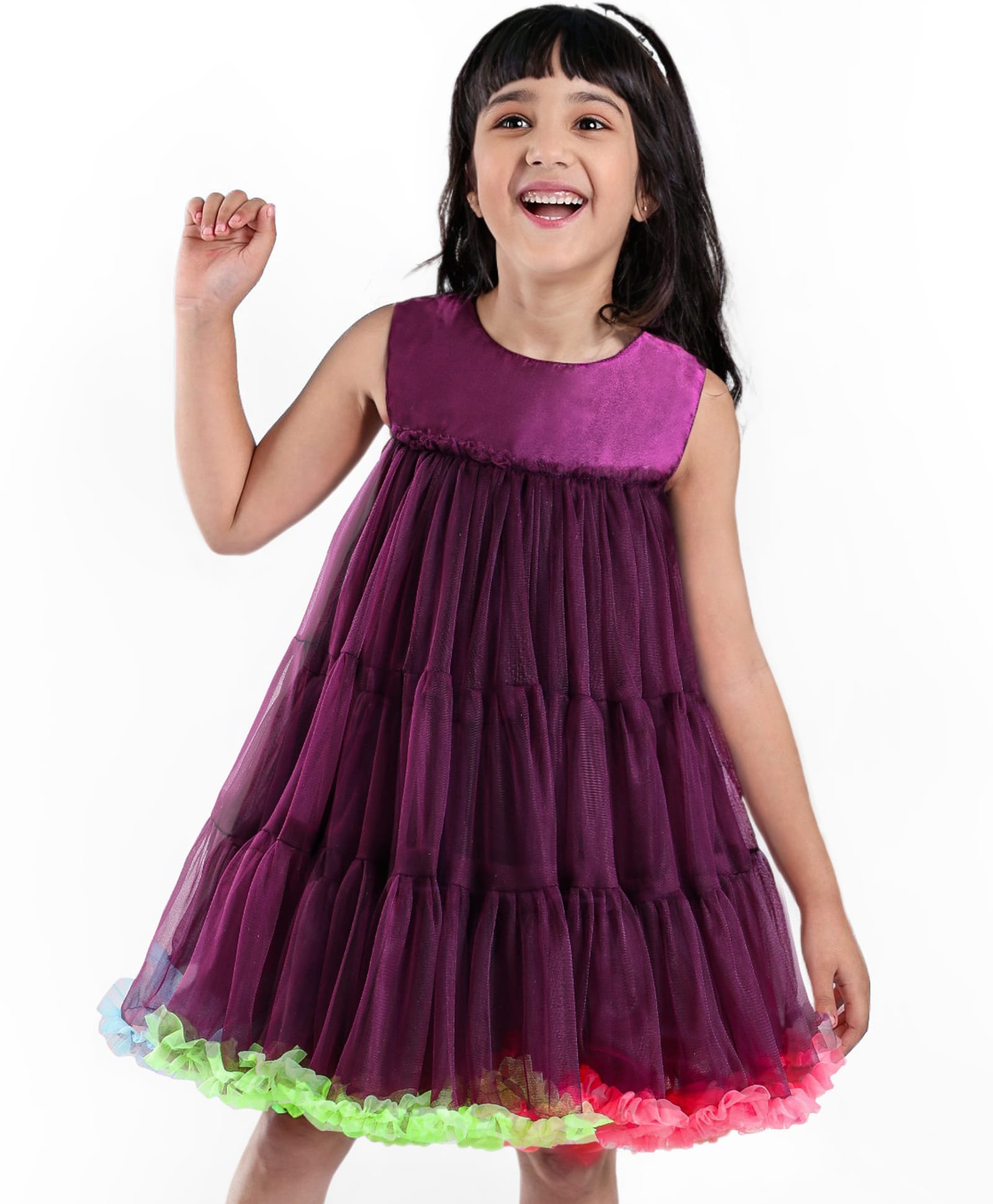 Babyhug Sleeveless Solid Colour A Line Tiered Mesh Party Frock with Frill Detailing - Wine-image-28