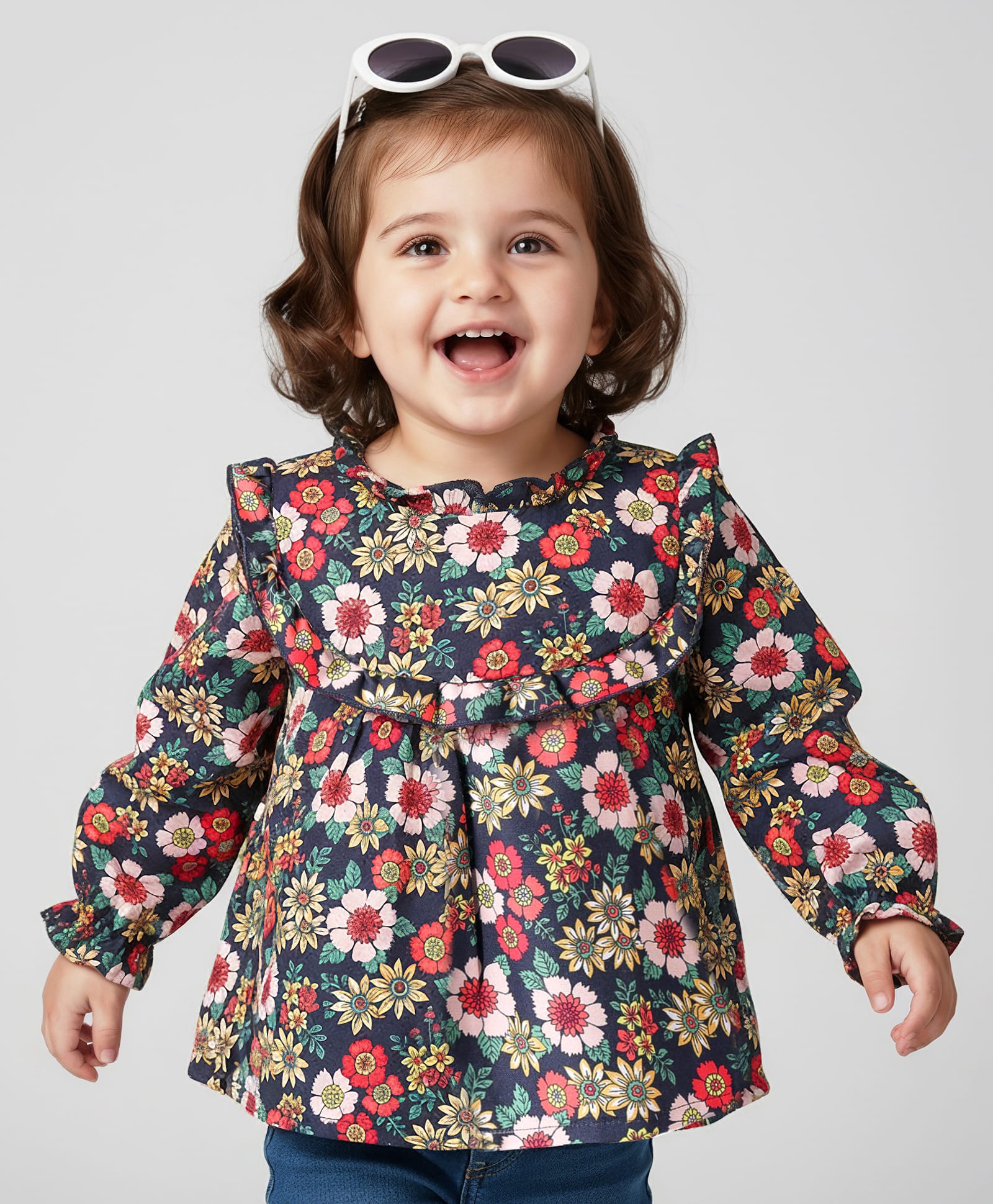 Babyhug Rayon Woven Full Sleeves Top with Floral Print & Frill Detailing - Black & Red-picture-33