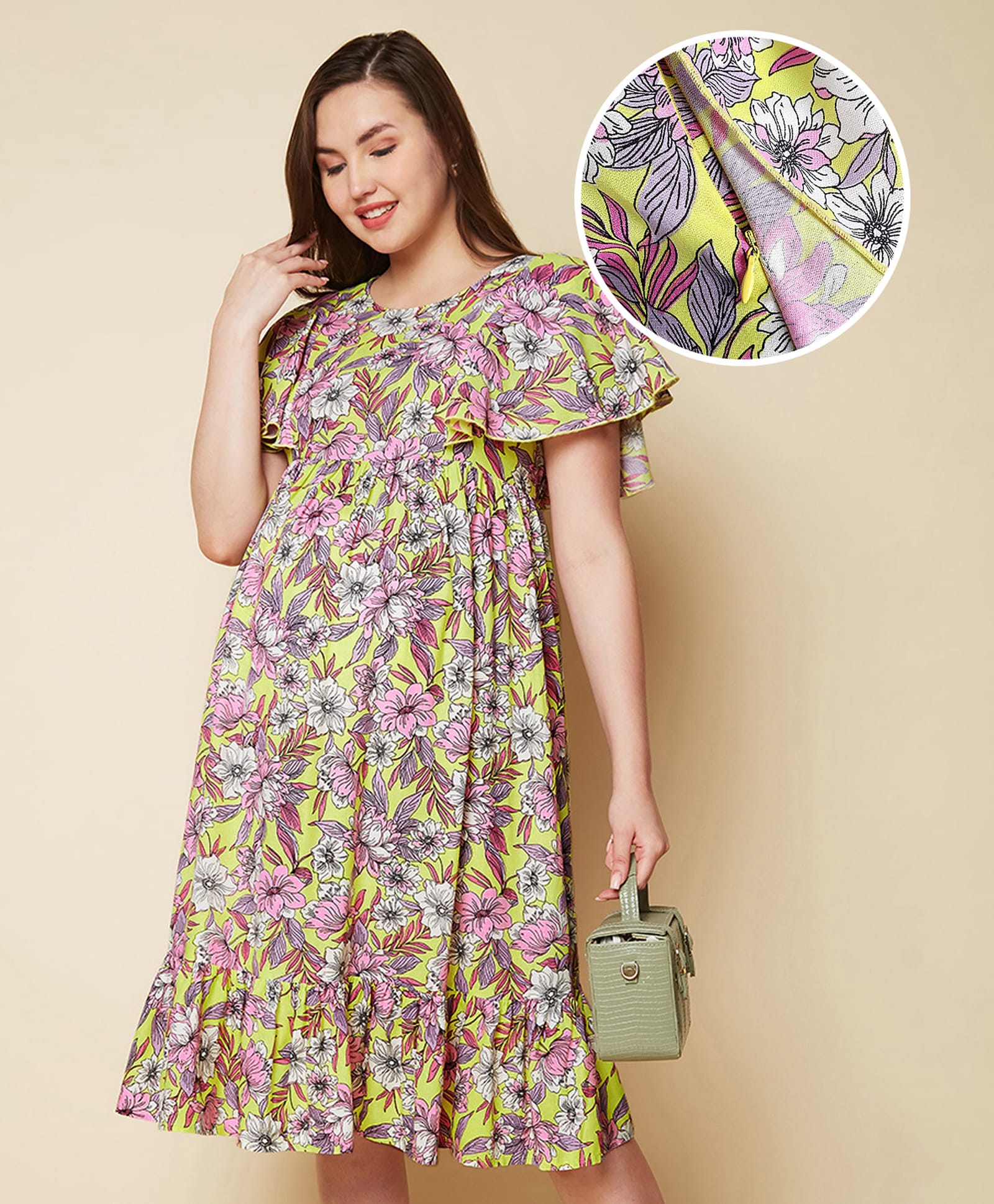 Bella Mama Woven Half Bell Sleeves Maternity Dress With Floral Print & Pocket - Yellow-image-47