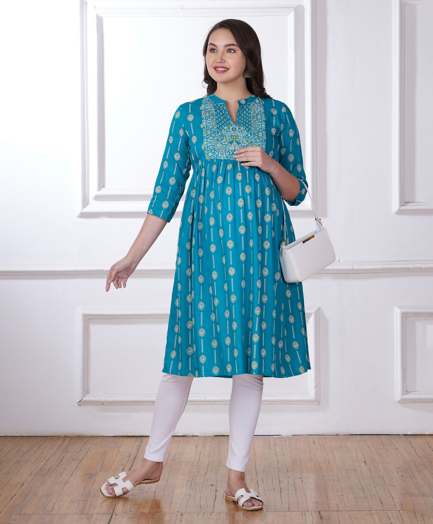 Bella Mama Woven Three Fourth Sleeves Gold Printed Highlighted Yoke Maternity Kurta with Pocket - Teal Blue-image-28
