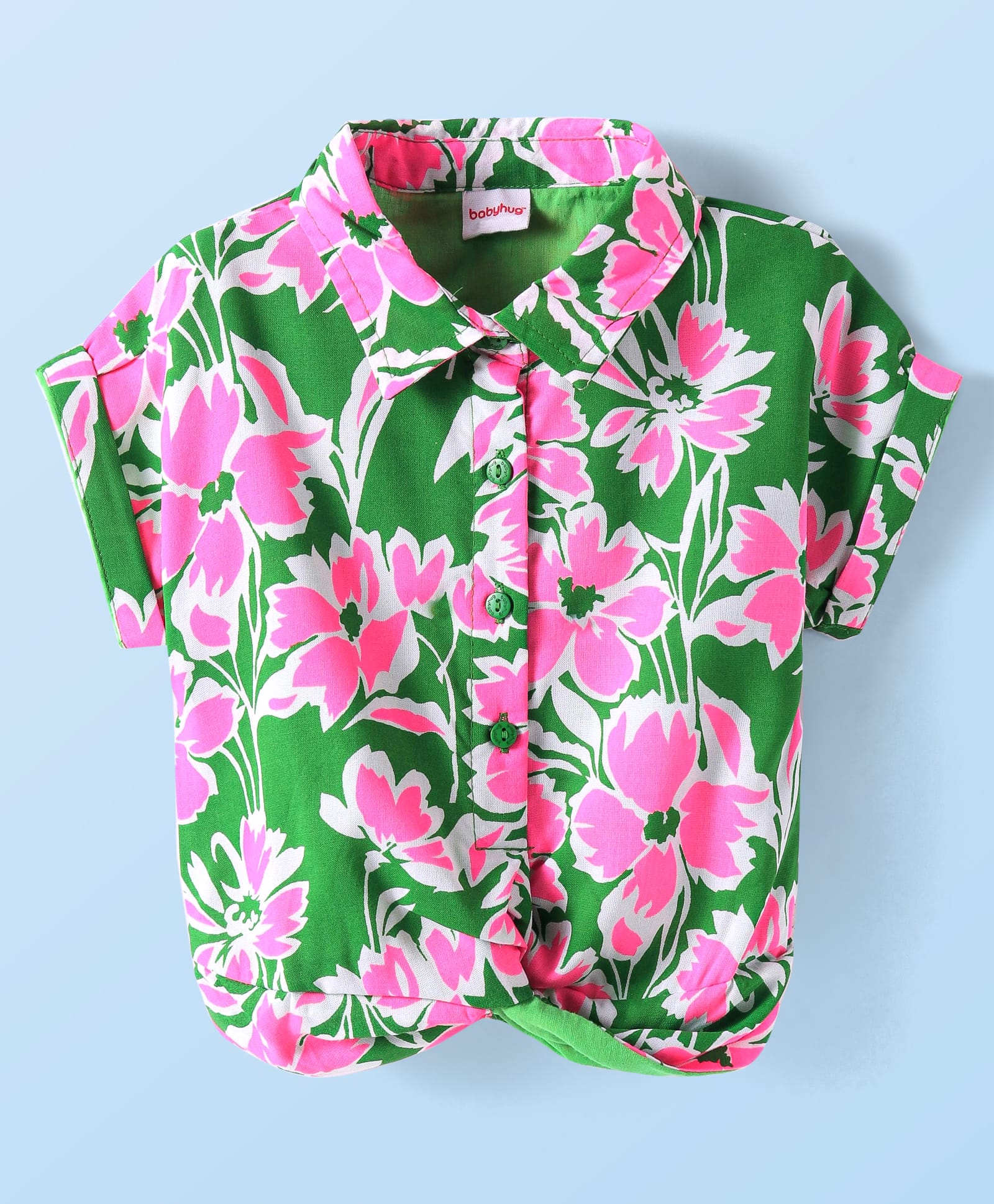 Babyhug Rayon Woven Half Sleeves Collared Floral Printed Shirt Style Top - Pink & Green-image-9