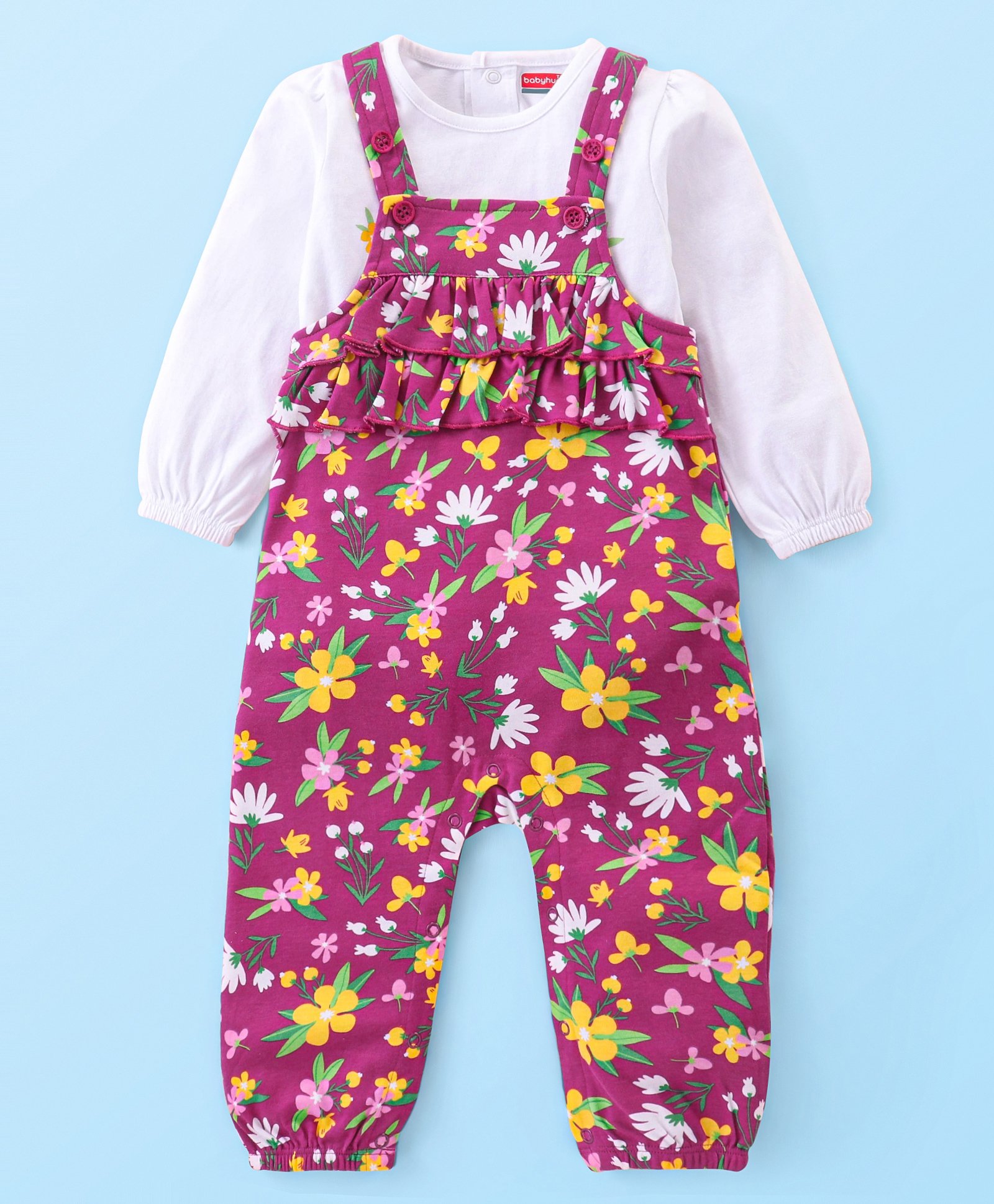 Babyhug Cotton Knit Full Sleeves Solid Colour Top with Floral Printed Dungaree - Mauve & White-image-25