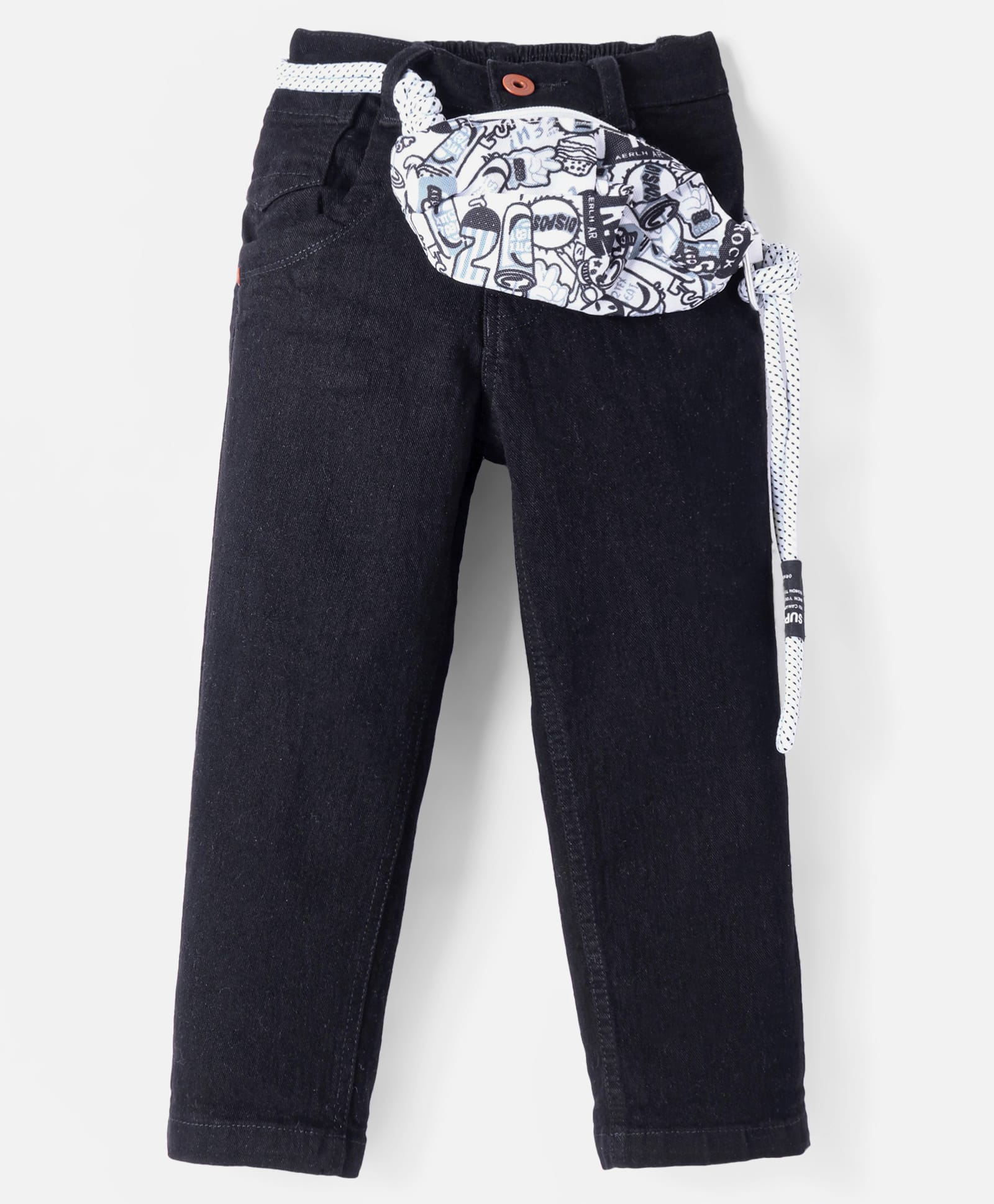 Little Kangaroos Denim Woven Full Length Solid Colored Jeans With Waist Bag - Black-picture-13