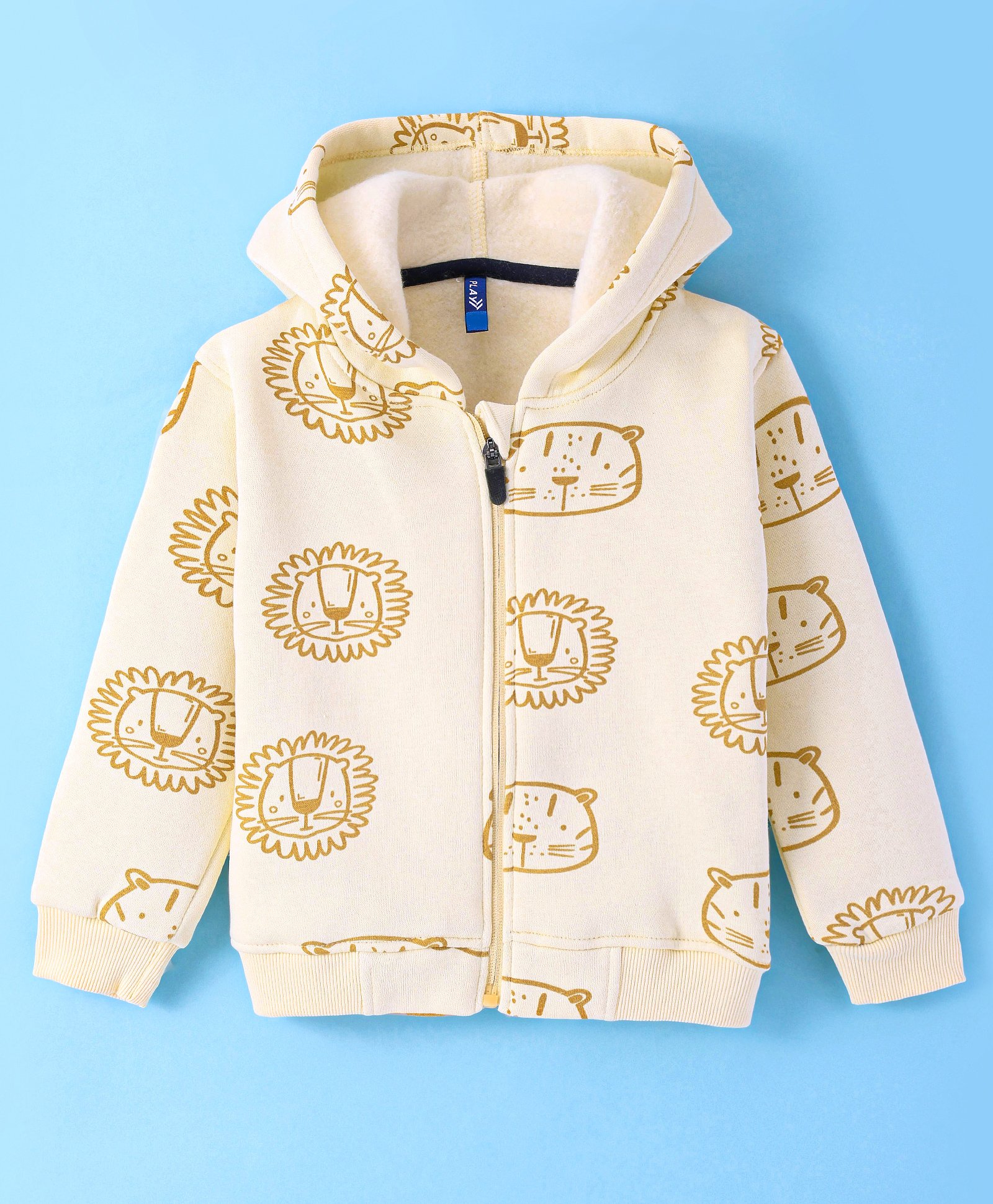 Little Kangaroos Fleece Knit Full Sleeves Front Open Hooded Sweatjacket with Animal Print - Cream-picture-17