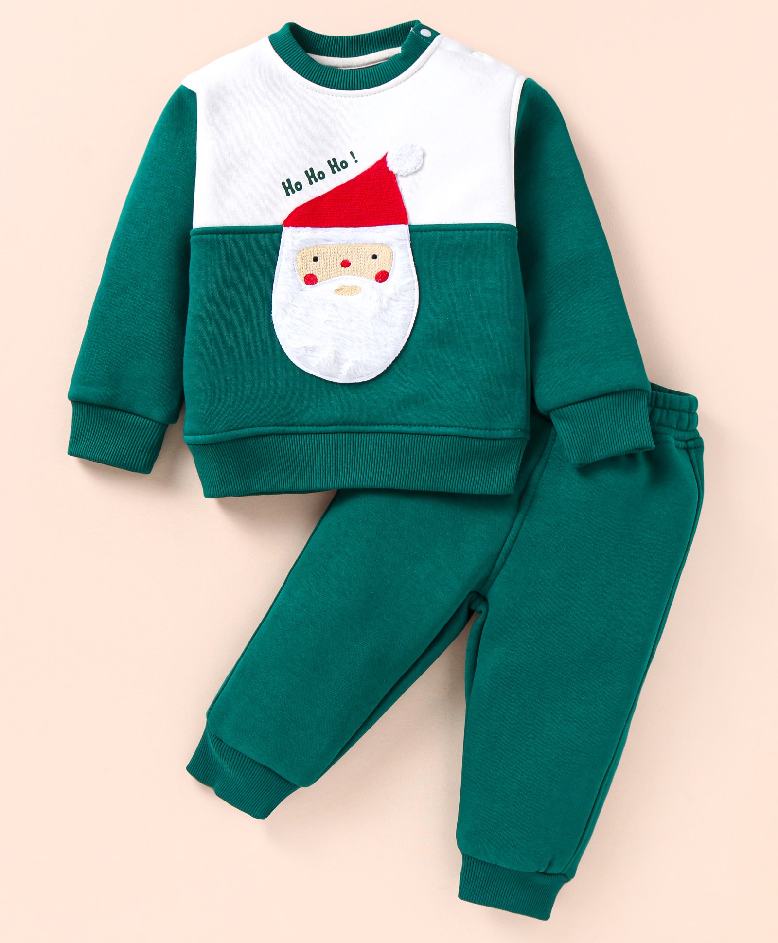 Little Kangaroos Fleece Knit Full Sleeves Winter Wear Suit With Santa Claus Applique - Dark Green & White-image-23