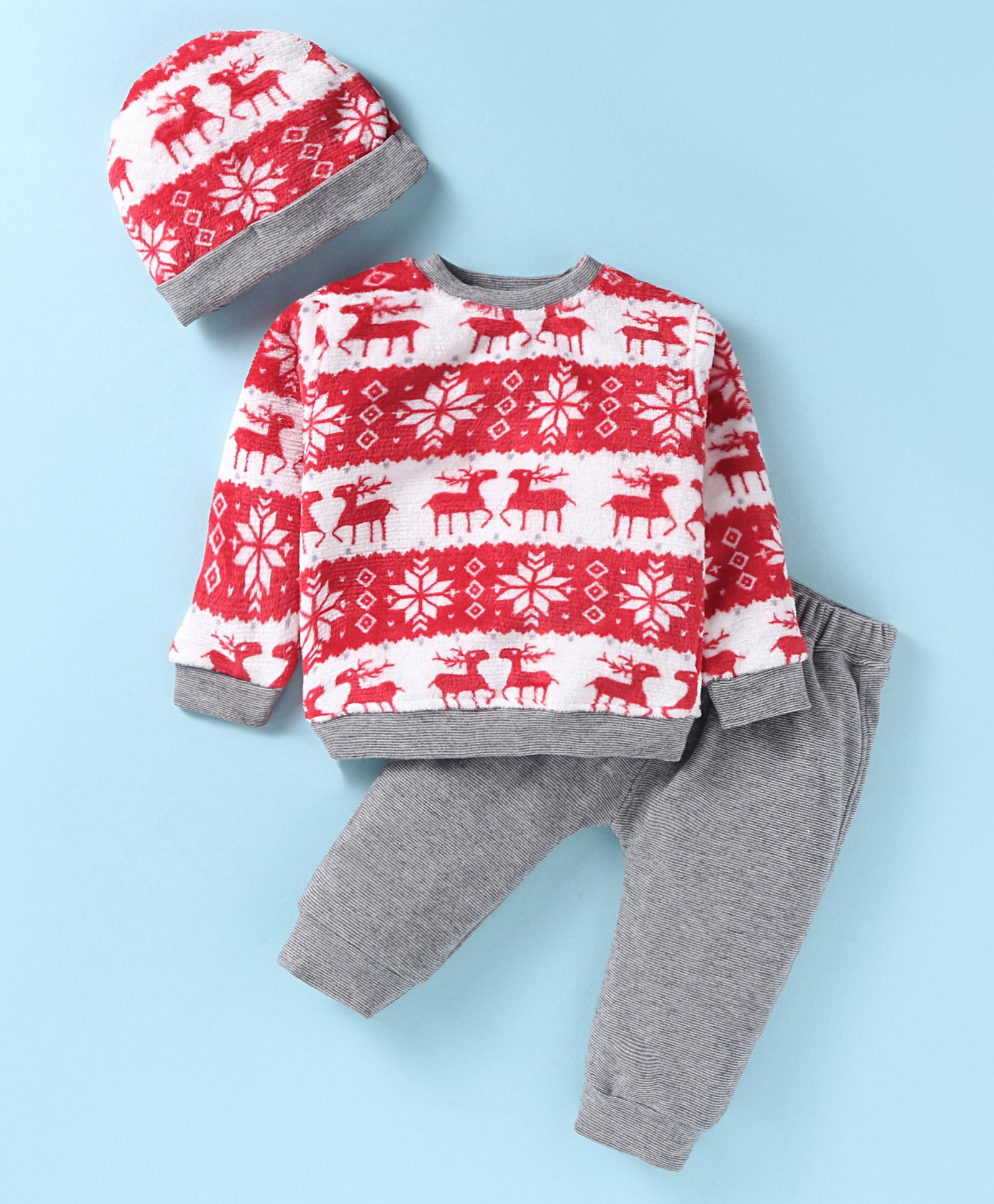 Little Kangaroos Fleece Knit Full Sleeves Winter Wear Set With Cap Deer & Snowflakes Design - Red & Grey-image-9