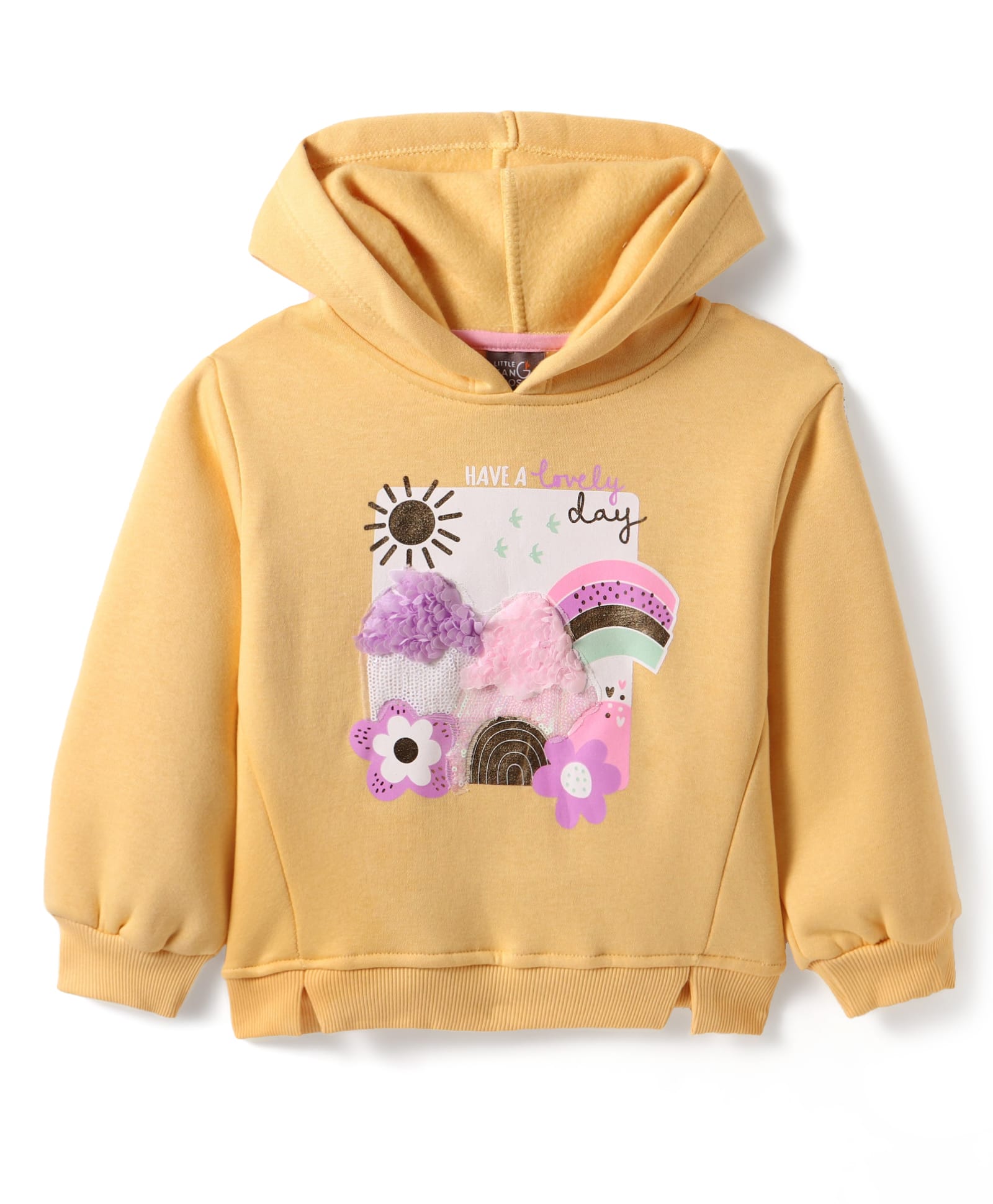 Little Kangaroos Fleece Knit Full Sleeves Floral Printed Hooded Sweatshirt with Sequin Detailing - Mustard-picture-21