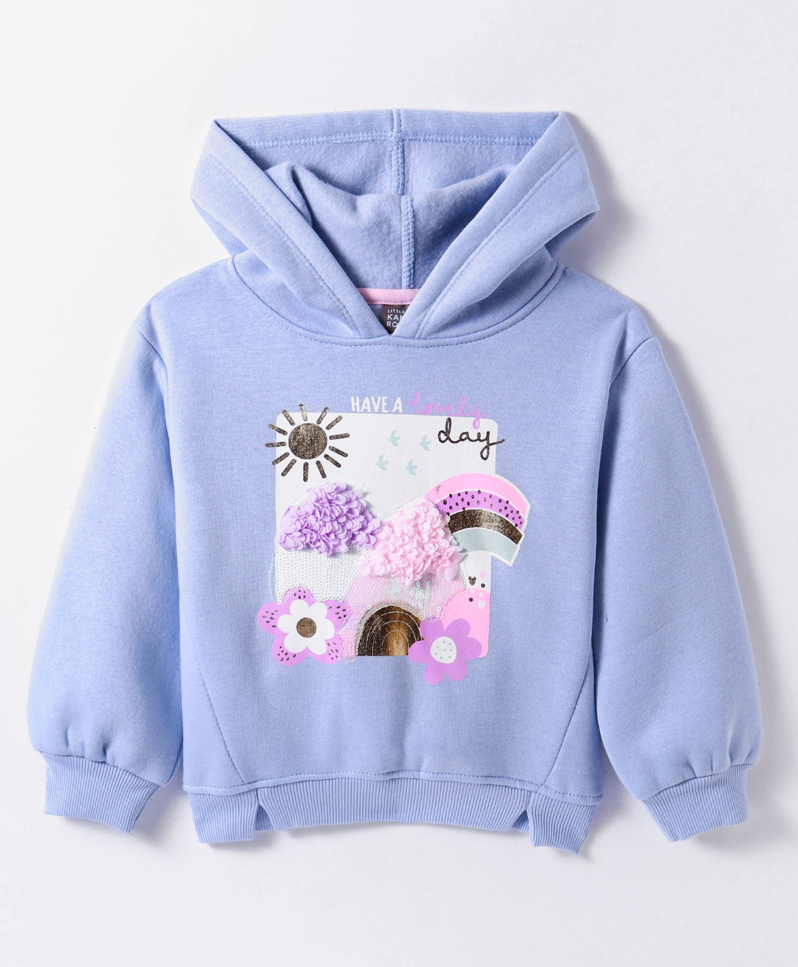 Little Kangaroos Fleece Knit Full Sleeves Floral Printed Hooded Sweatshirt with Sequin Detailing - Light Blue-image-37