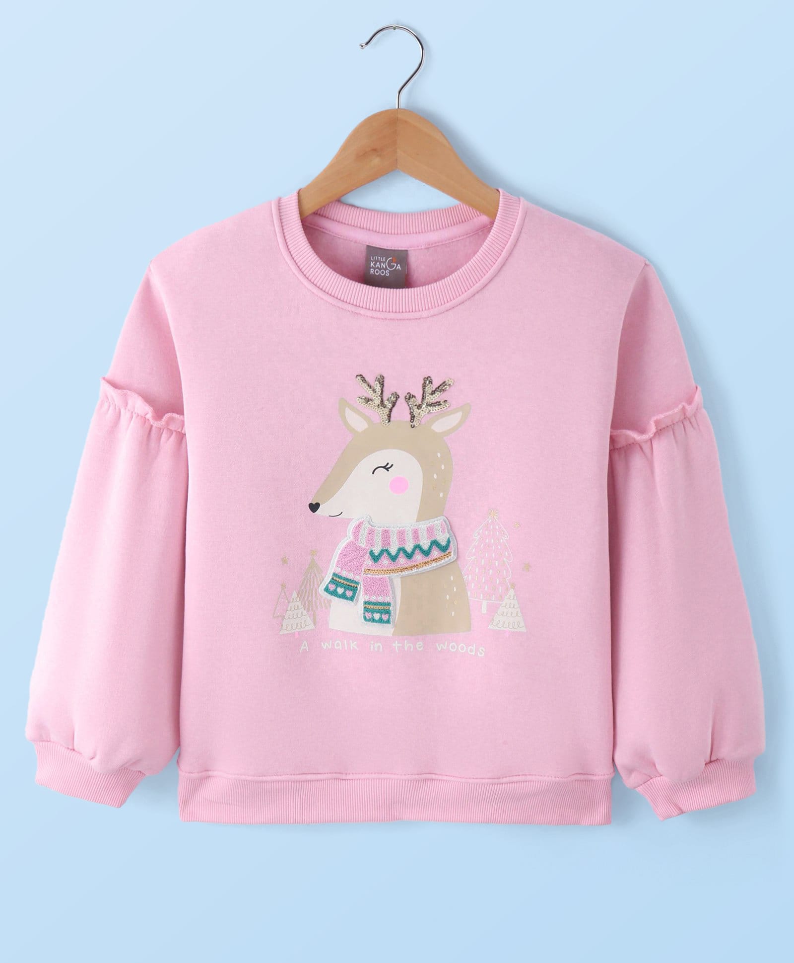 Little Kangaroos Knit Drop Shoulder Full Sleeves Sweatshirt with Reindeer Design - Baby Pink-picture-14