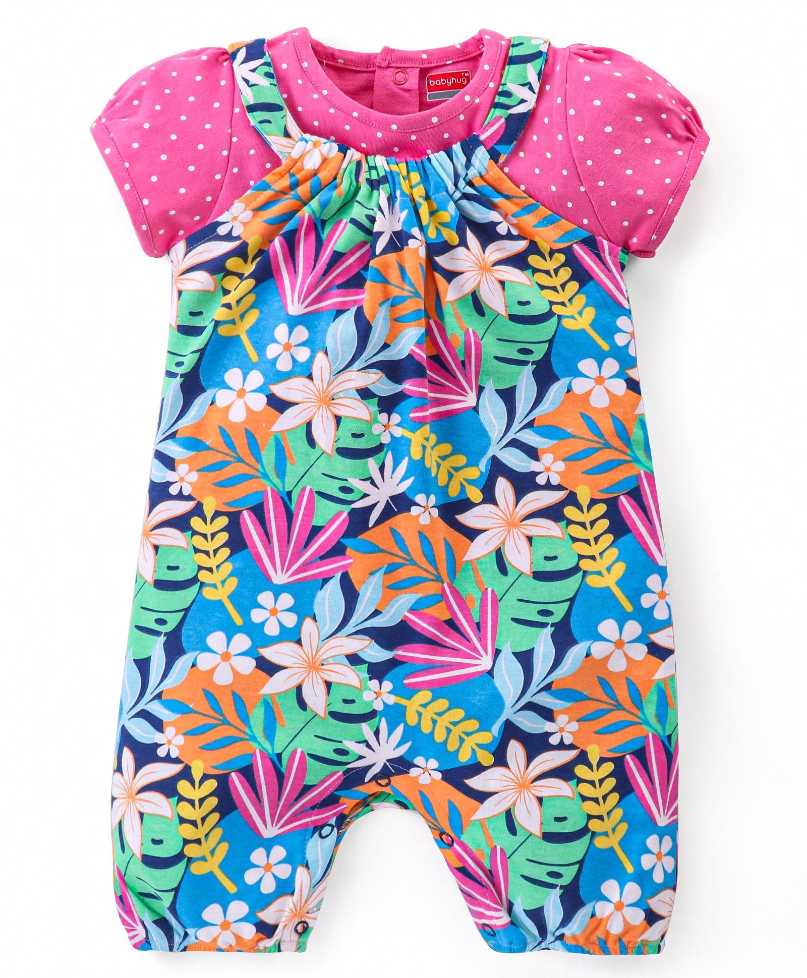 Babyhug Single Jersey Knit Puffed Sleeves Top & Dungaree Set Floral Print - Pink & Green-picture-37