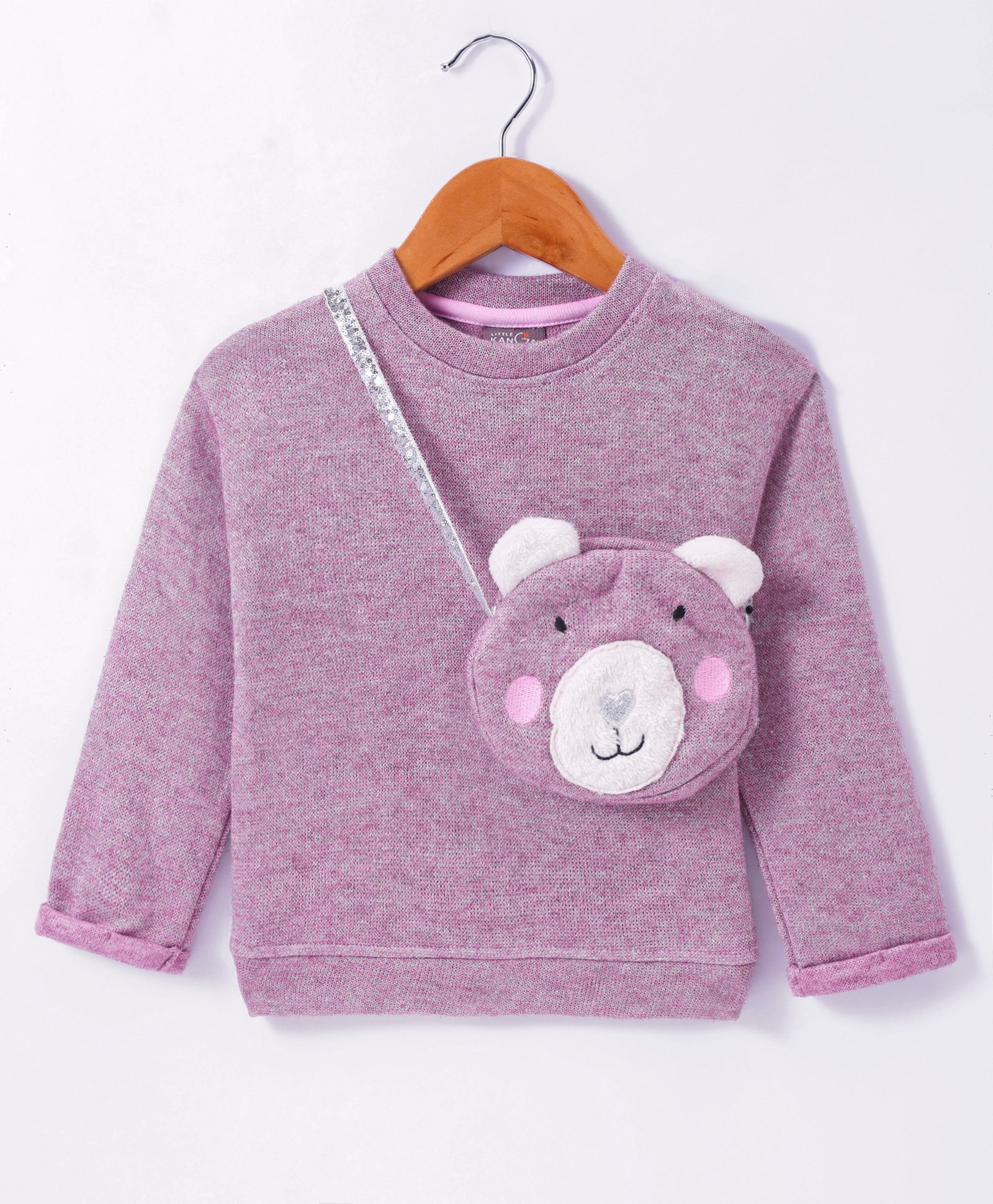 Little Kangaroos Knitted Full Sleeves Solid Colour Sweatshirt With Bear Shaped Sling Bag - Lilac-picture-15