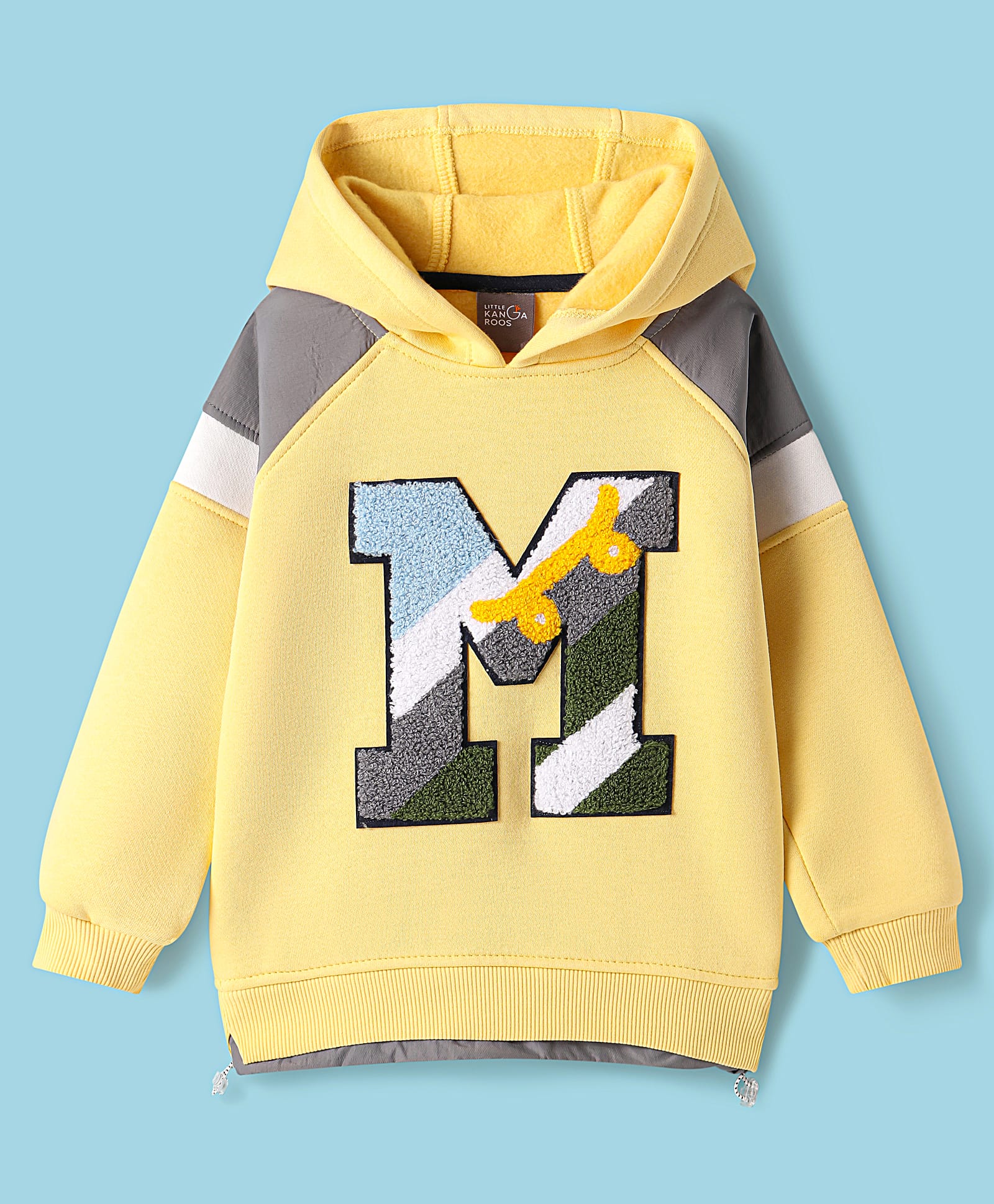 Little Kangaroos Fleece Knit Full Raglan Sleeves Hooded Sweatshirt with Alphabet Embroidery - Yellow-picture-12