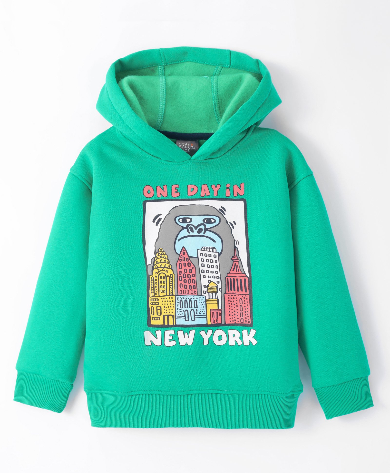 Little Kangaroos Fleece Knit Hooded Sweatshirt With Bear Print - Green-picture-21