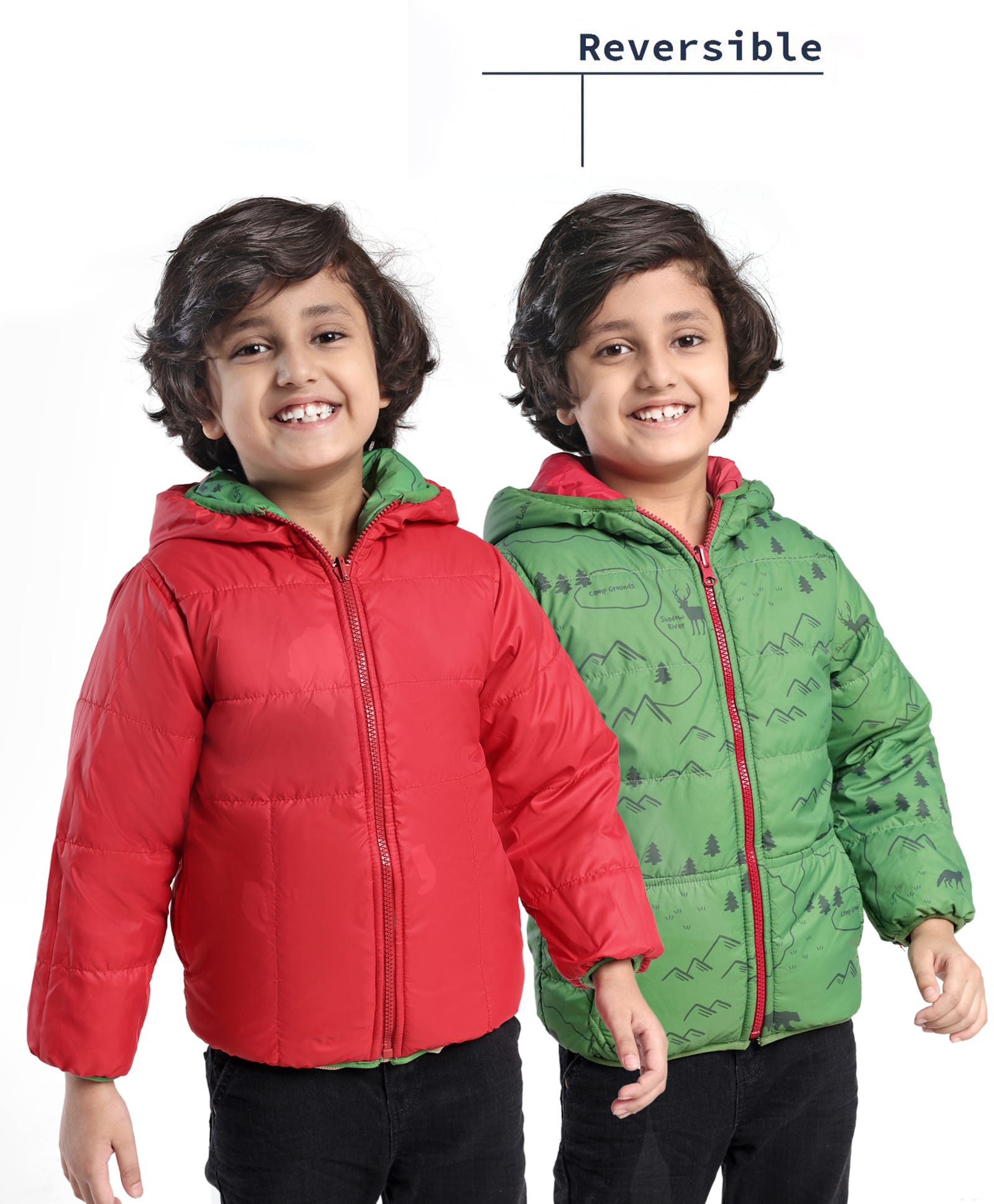 Little Kangaroos Knit Full Sleeves  Mountain Theme Print Padded Hooded Winter Jacket with Kangaroo Pockets -  Green & Red-picture-27