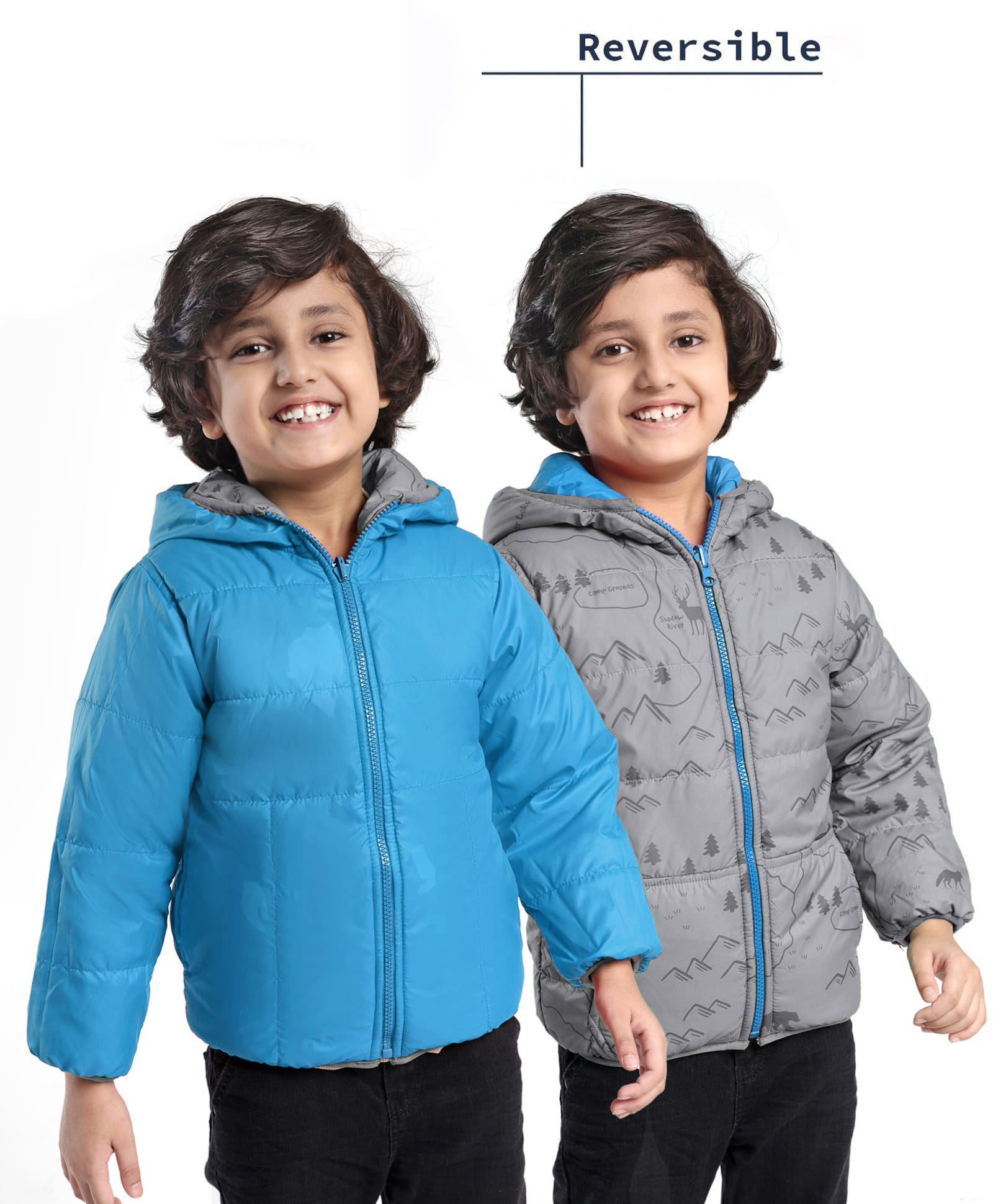 Little Kangaroos Knit Full Sleeves  Mountain Theme Print Padded Hooded Winter Jacket with Kangaroo Pockets -  Grey & Sky Blue-picture-21