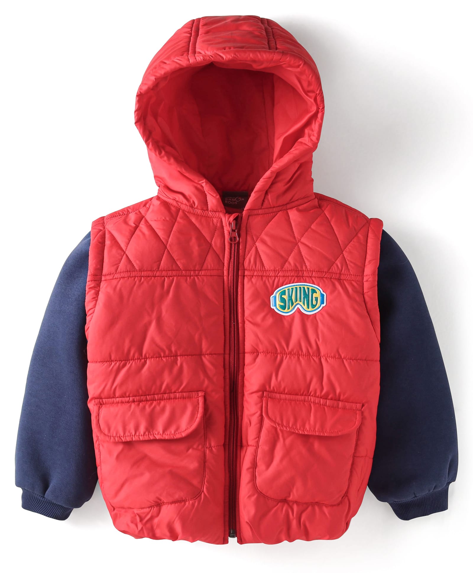 Little Kangaroos Knit Full Sleeves Hooded Padded Winter Jacket With Pockets - Red & Blue-picture-20