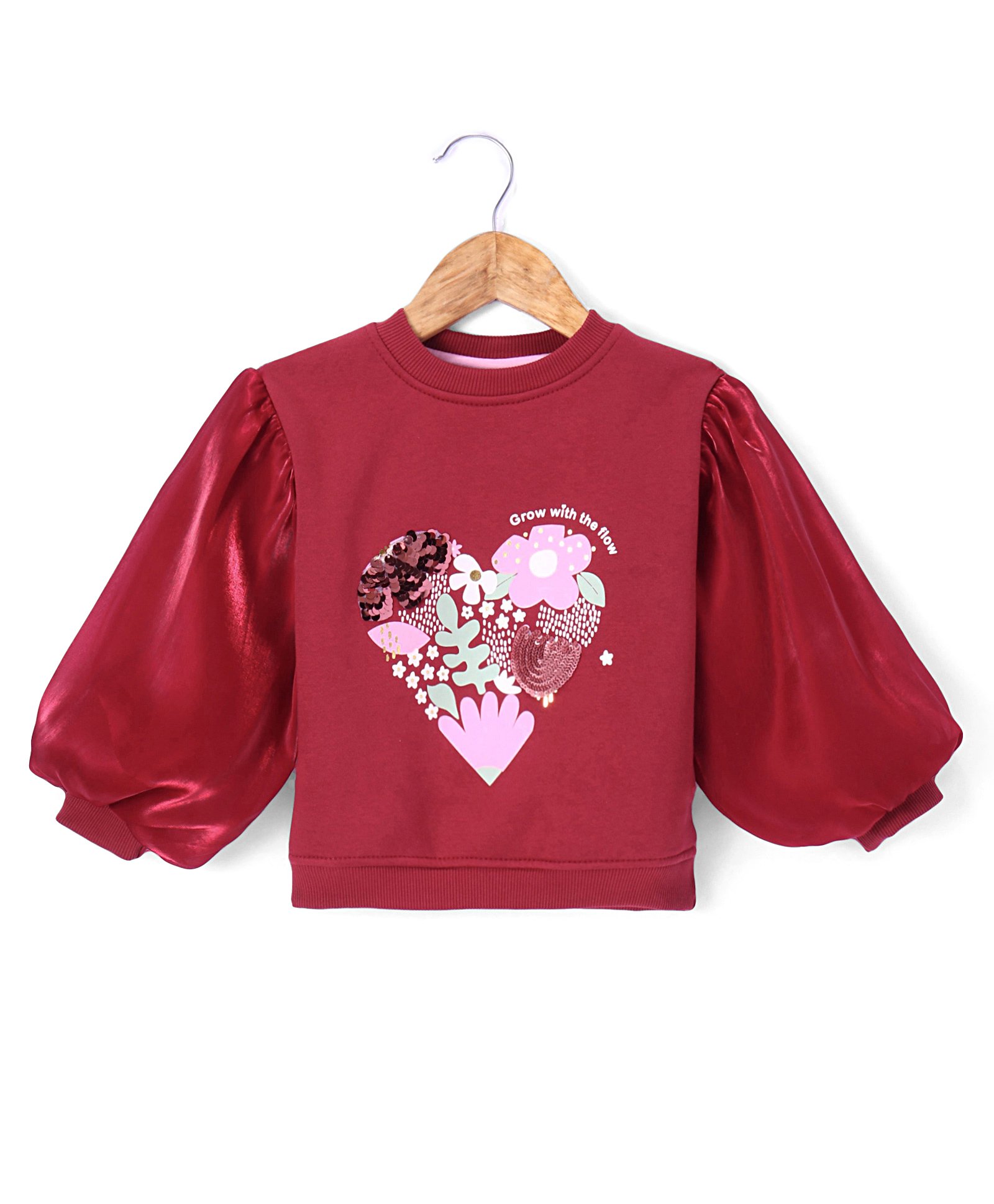 Little Kangaroos Knit Full Volume Sleeves Sweatshirt with Heart Design & Sequin Detailing - Red-picture-19