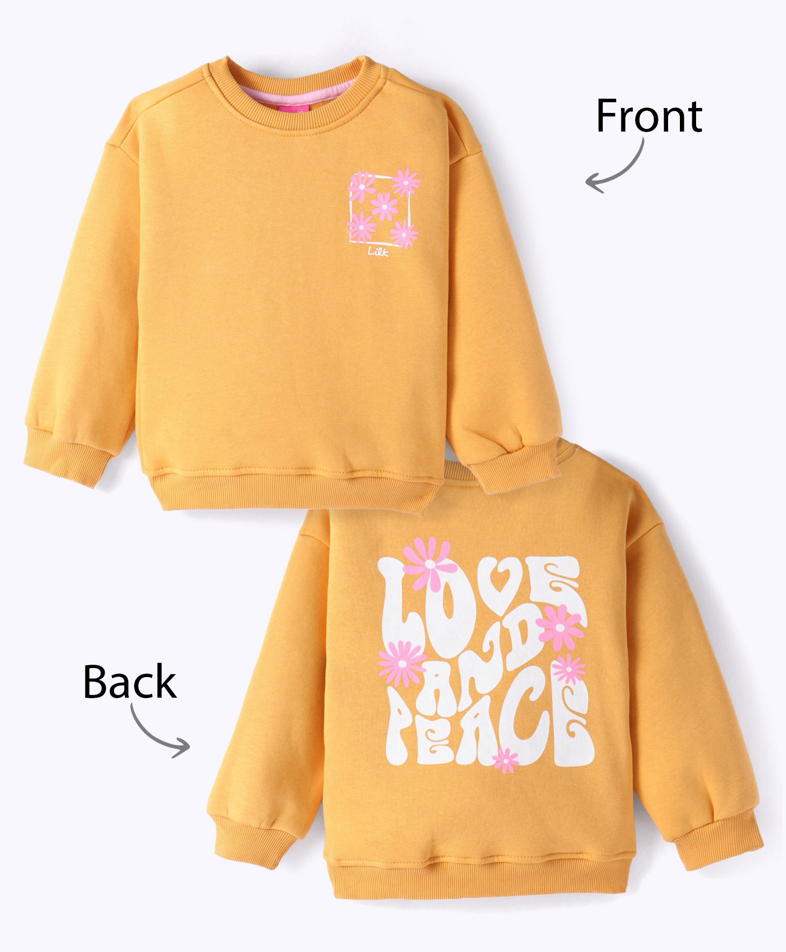 Little Kangaroos Fleece Knit Full Drop Shoulder Sleeves Sweatshirt With Floral Print - Mustard Yellow-image-4