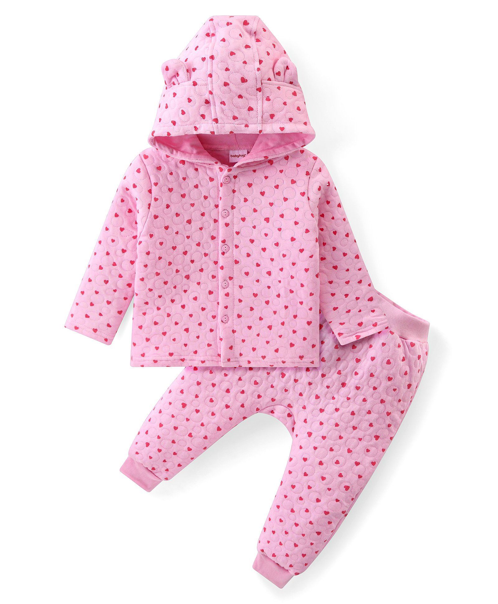 Babyhug Quilted Cotton Full Sleeves Hooded Top & Lounge Pants Co-Ord Set With Hearts Print - Pink-image-30