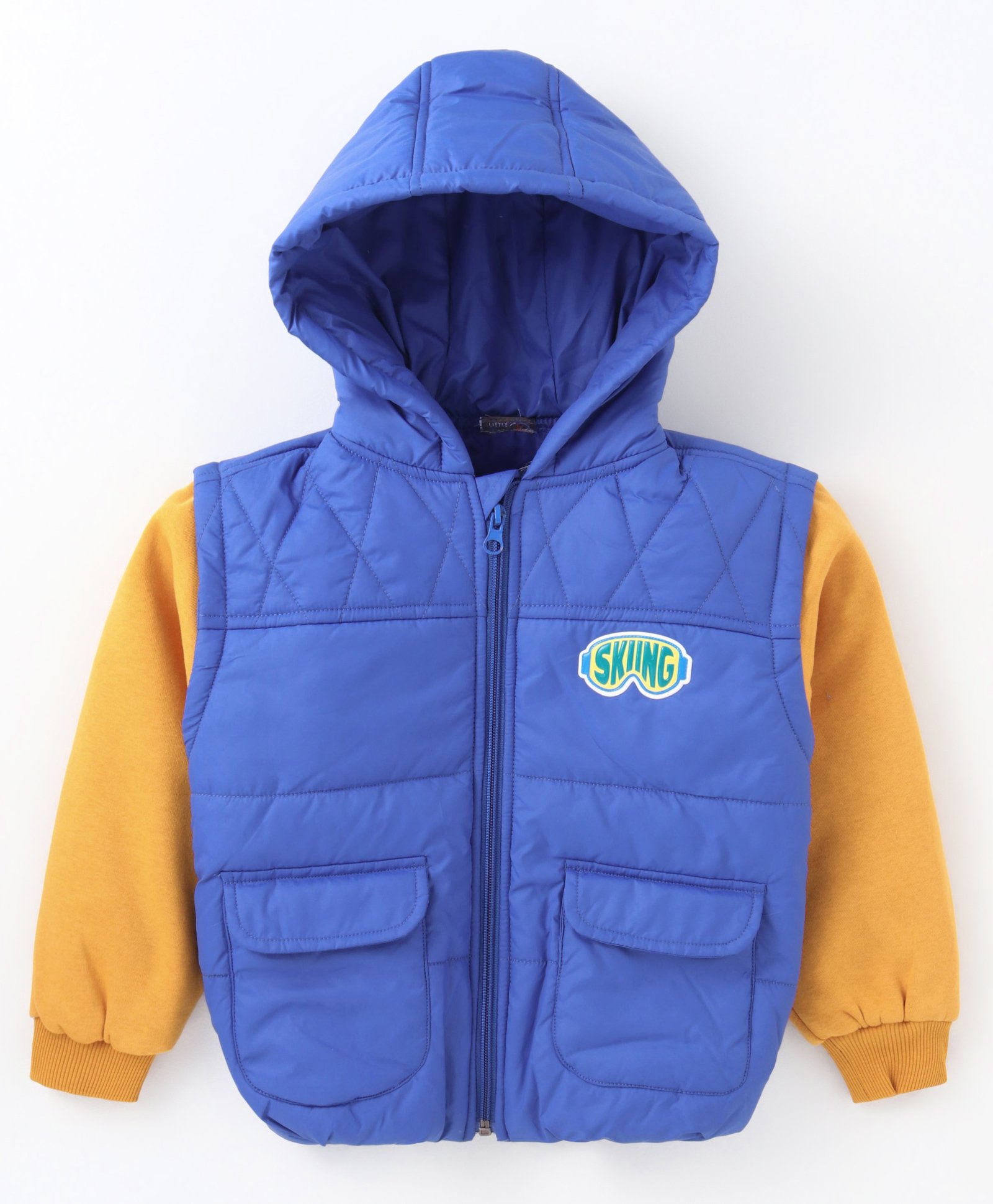 Little Kangaroos Knit Full Sleeves Hooded Padded Winter Jacket With Pockets - Royal Blue & Yellow-picture-17